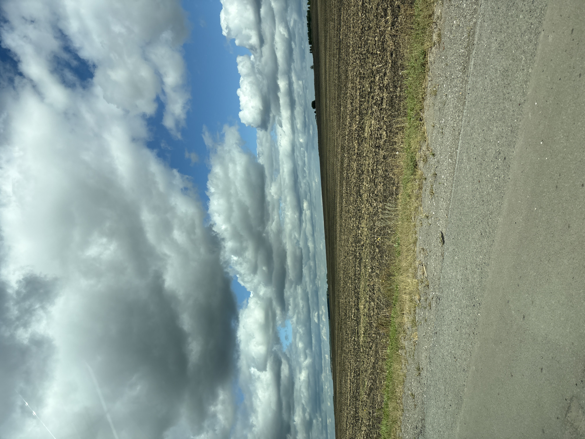 The image depicts a wide, plowed field under a dramatic sky filled with heavy, gray clouds interspersed with patches of bright blue. The field appears recently worked, with dark, turned earth and remnants of stubble. A line of green grass separates the field from the foreground, which consists of a gravel and asphalt road. The horizon is low, emphasizing the expansive sky. The scene is devoid of any people or animals. This image could be located anywhere with agricultural land and this type of weather, and no specific geographical markers in the image indicate it is in Tolbazy, Russia.