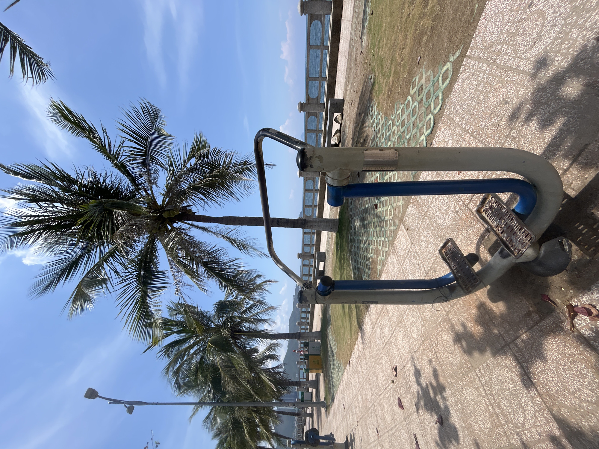 Outdoor exercise equipment is on a paved area, adjacent to a grassy area with patterned concrete bordering the edge of the lawn. A concrete barrier separates the area from a body of water. Palm trees are present on the left side of the image. The sky is blue and mostly clear. The location is Bac Nha Trang Ward, Vietnam.