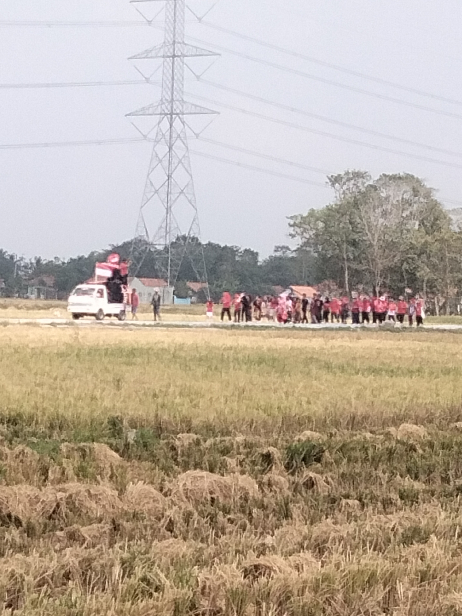 In the city of Ketanggung, Indonesia, a group of people are seen marching along a road that cuts through a dry field. The sky is overcast, and a tall electricity pylon stands in the background, with power lines stretching across the sky. Several trees dot the landscape behind the road, and in the distance, houses are visible. In the foreground, the field is covered in dry grass and straw, some of it gathered into piles.
In the center of the scene, a small white truck is parked on the side of the road. The truck is decorated with red and white flags, and a sound system is mounted on top. A few people are standing around the truck.
Further down the road, a larger group of people, many of whom are wearing red shirts, are walking together. They appear to be participating in a procession or parade. Some individuals are carrying flags. The general atmosphere appears to be celebratory or commemorative, given the flags and the gathering of people.