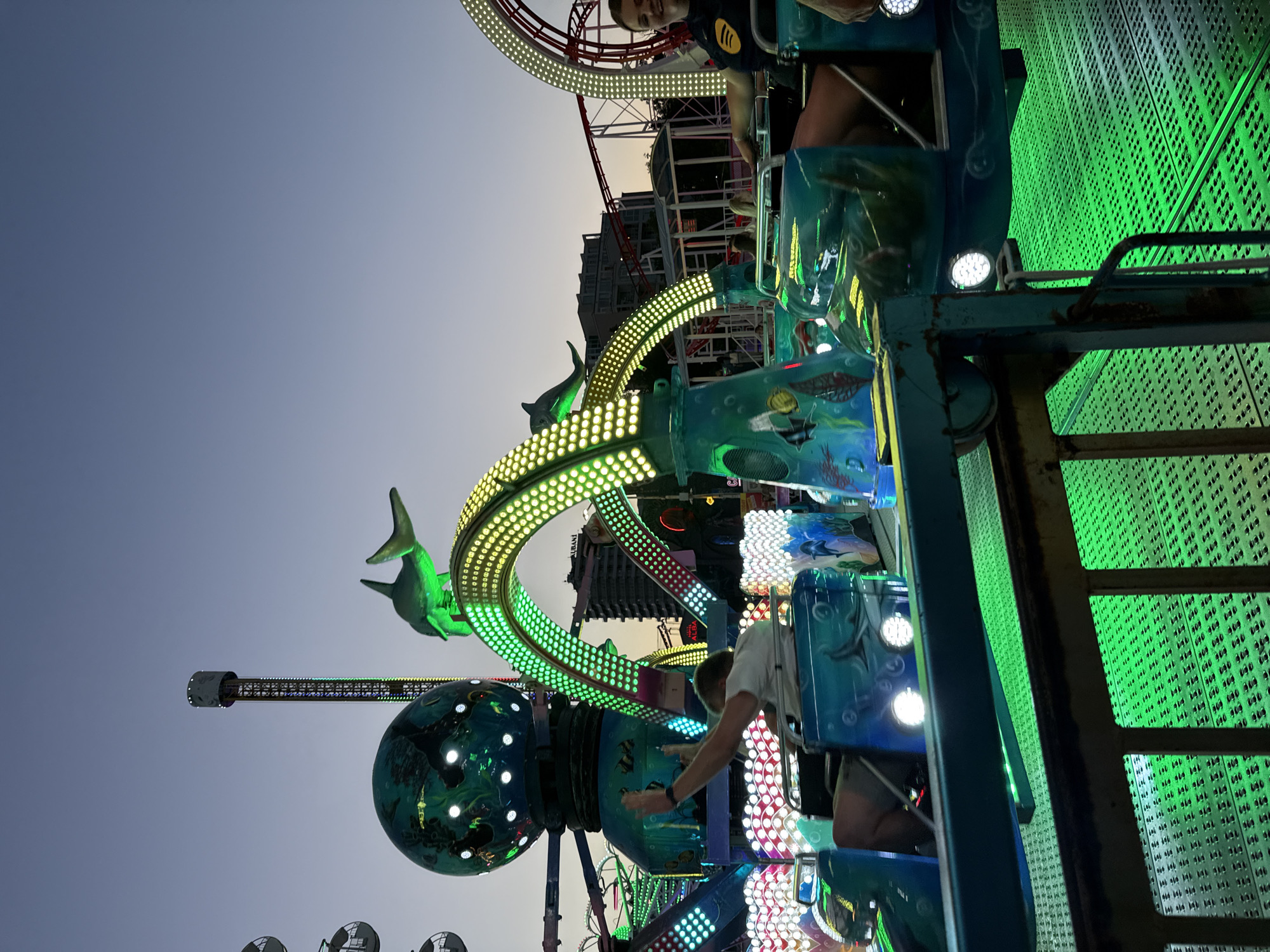 The image depicts a close-up of an amusement park ride in Nesebar, Bulgaria. The ride features teal colored pods decorated with aquatic imagery like dolphins and fish, mounted on arms that are illuminated with green LED lights. These arms are attached to a central structure which has a large, green, spherical element with glowing white lights and further aquatic graphics. The ride appears to be in motion, with a person in the foreground pod with their arms raised. In the background, a tall, dark tower structure and parts of a roller coaster are visible against a twilight sky. The overall impression is of a lively amusement park scene at dusk.
