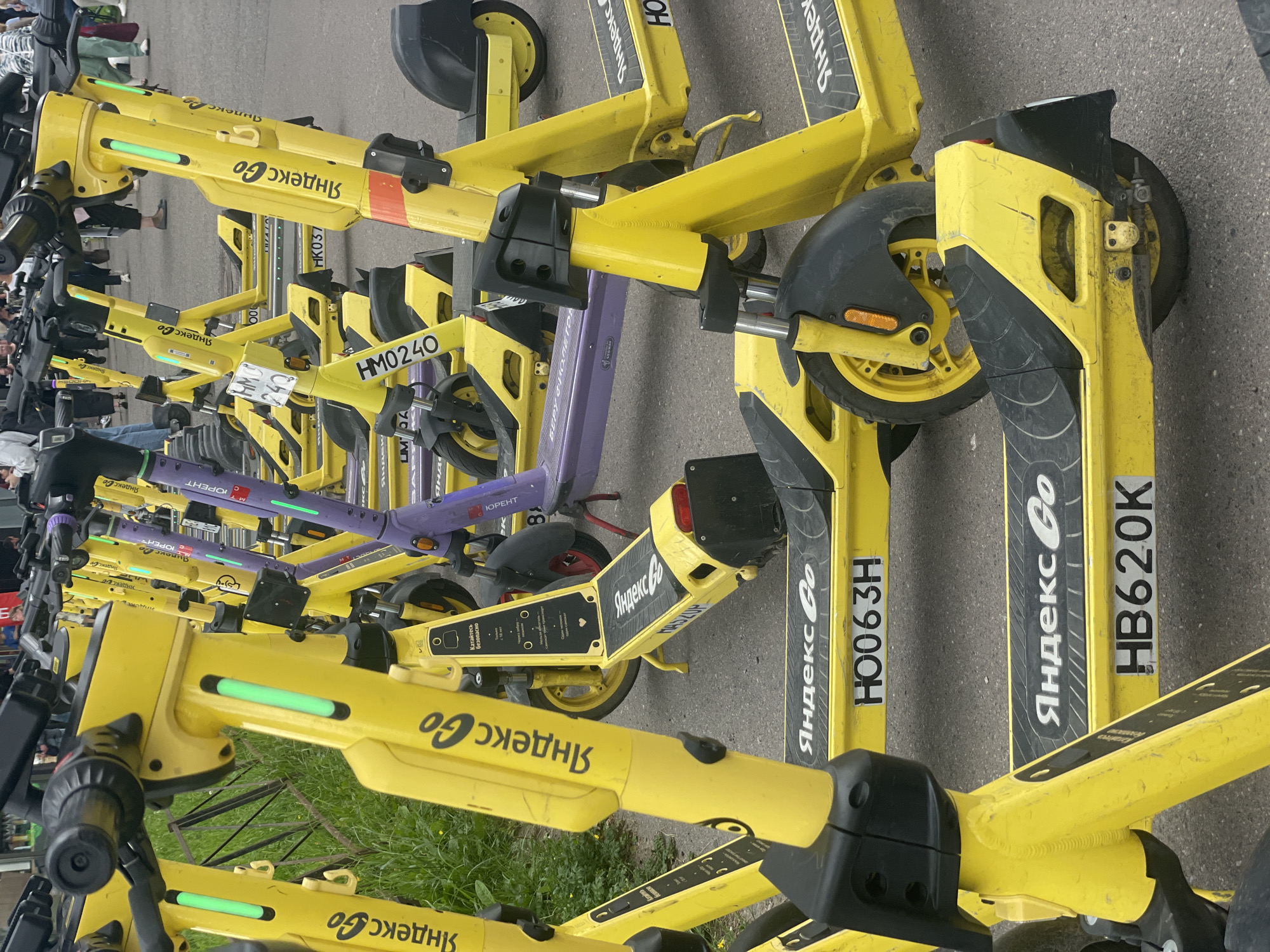 The image displays a row of yellow and purple electric scooters parked on a paved surface, likely a sidewalk or public area. The scooters are branded with "Яндекс Go," indicating a ride-sharing service. Several scooters have license plates visible, such as "HO063H" and "HB620K." In the background, a few people are walking, and some vegetation can be seen, suggesting an outdoor urban environment. The scene appears to be a typical street in Saint Petersburg, Russia, where such services are common. The scooters are the primary subjects, arranged in a neat, organized fashion.