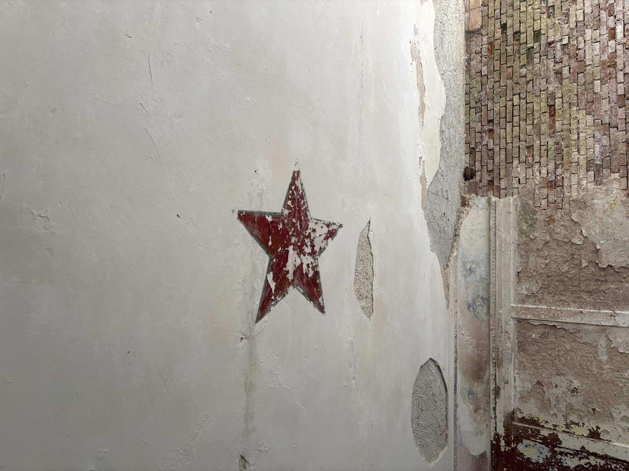 A red star, chipped and faded, is painted on a damaged, off-white ceiling in a derelict building. The ceiling shows signs of decay with peeling plaster and cracks. Below the ceiling, a textured border separates it from the upper part of a wall. This upper wall is also damaged, with patches of peeling paint and exposed plaster. Further down, the lower part of the wall is predominantly brick, some of which is covered in moss or lichen, indicating it is an exterior or interior wall exposed to elements. The overall impression is one of abandonment and decay in an urban or rural setting. This image was captured in Zhaludok, Belarus.