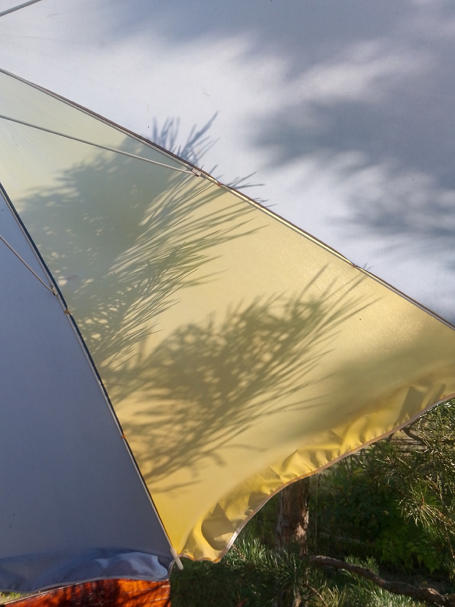 The image shows a close-up view of a partially unfurled umbrella casting shadows on its surface. The umbrella has two distinct colored panels, one a pale blue or gray and the other a golden yellow. The golden yellow panel is textured and appears to be reflecting light. Prominent shadows of palm fronds are cast across the yellow surface, suggesting the umbrella is outdoors in a sunny location with palm trees nearby. The background shows a mixture of green foliage, likely trees or bushes, and a cloudy sky. The image was taken in Velyka Starytsia, Ukraine.