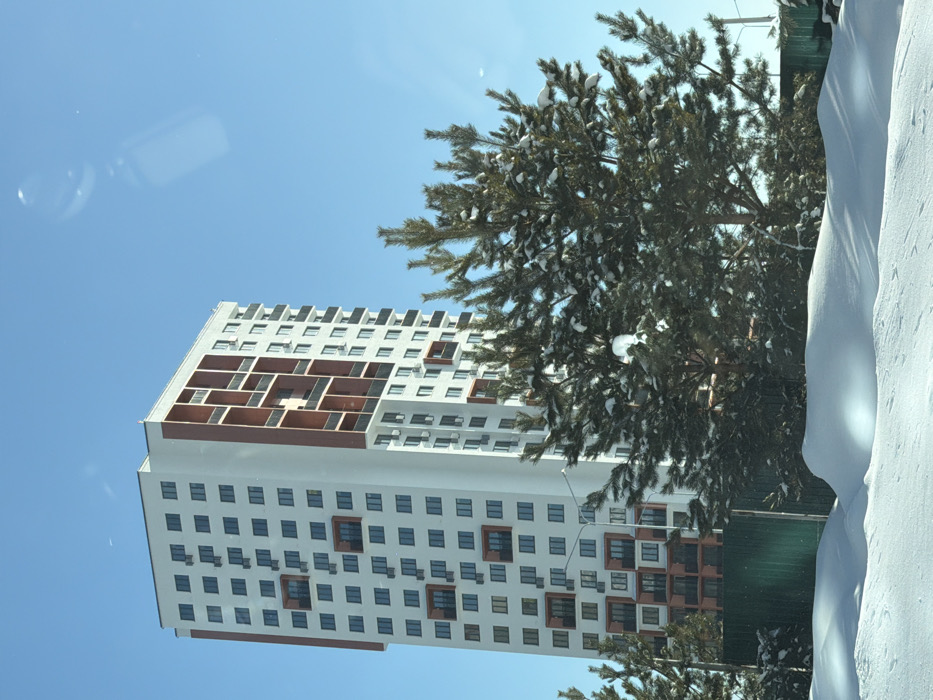 The image displays a winter daytime scene in Tyumen, Russia, featuring a modern high-rise residential building identified as part of the "Perviy Plekhanovskiy" complex, likely situated at 29 Melnikayte Street. The building is approximately 20-25 stories tall, characterized by a white facade with contrasting brown-red framed, recessed balconies on one vertical section. Numerous uniformly sized windows and external air conditioning units are visible across the structure. The foreground is dominated by a thick layer of undisturbed white snow. Several coniferous trees, their branches laden with snow, partially obscure the lower and mid-sections of the building. A green corrugated metal fence is visible behind the trees on the right side of the frame. A street light pole is present between the trees and the building on the left. The sky is clear and blue. Reflections of an indeterminate object are visible in the upper right quadrant of the image, suggesting it was captured through a glass surface. No individuals or specific actions are depicted.
