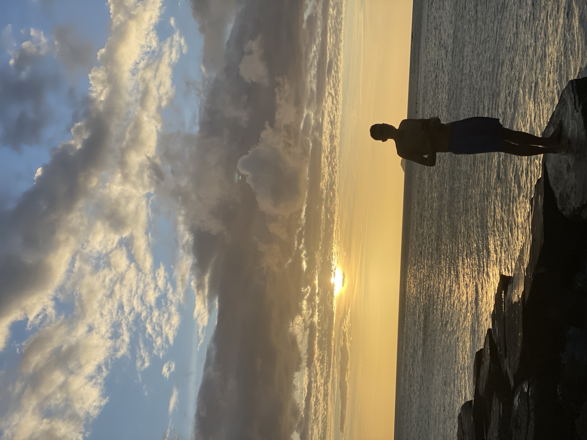 A vertical shot depicts a person standing on rocks at sunset in Pedro González, Venezuela. The sky features a dramatic cloudscape with light-colored clouds at the top left transitioning to a bright yellow sunset where the sun is situated at the center-right. The ocean reflects the yellow light, creating a bright, shimmering surface. The person, a dark silhouette, stands near the edge of some dark rocks on the right side of the frame. The overall light is warm and golden, typical of a sunset scene.