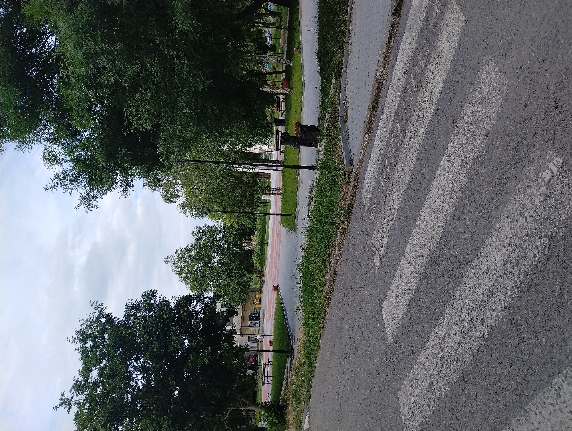 The image depicts a street scene in Roza, Bulgaria. A paved road with white pedestrian crossing stripes is visible on the right. To the left of the road is a grassy area with trees and a paved pedestrian walkway running parallel to the road. Several benches and lamp posts line the walkway. In the background, buildings are visible, including what appears to be a store or business. The sky is overcast with clouds.