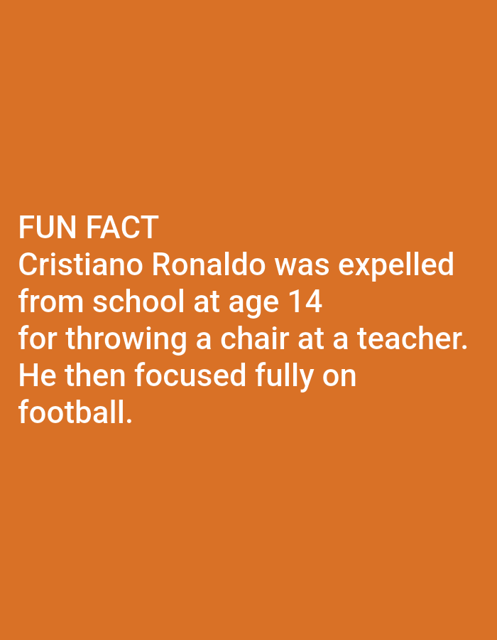 The image is a photograph of text overlaid on an orange background. The text reads: "FUN FACT Cristiano Ronaldo was expelled from school at age 14 for throwing a chair at a teacher. He then focused fully on football." There are no people, objects, or environmental details visible in the image. The location of Lagos, Nigeria is not depicted or mentioned in the image.