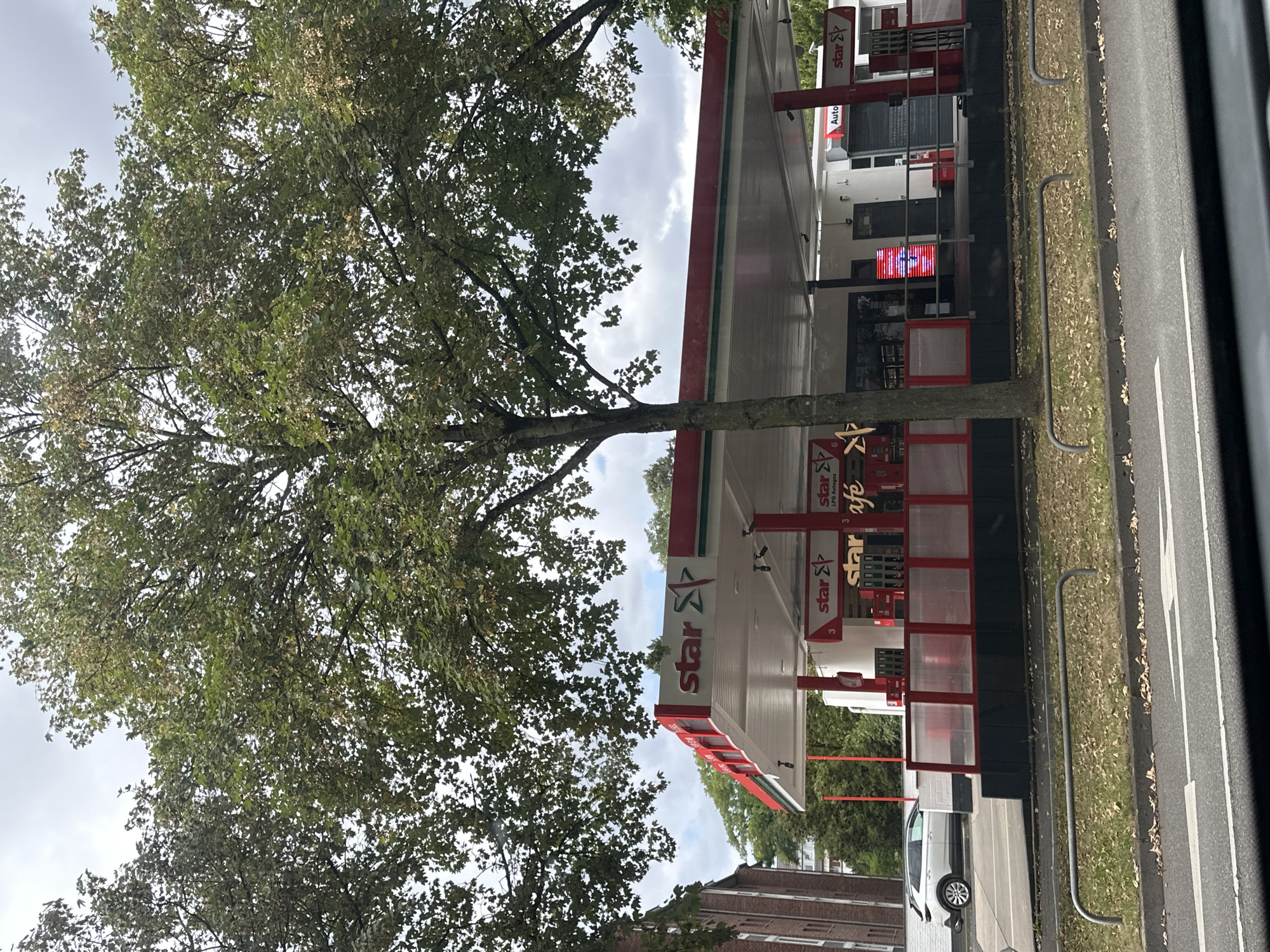 An outdoor, daytime, medium shot captures a Star gas station on a cloudy day, with a tall tree in the foreground partially obscuring the view of the station's canopy. The gas station has red and white branding. A white SUV is parked to the left of the station. In the background, a brick building is visible. The street in front of the gas station is paved, with a metal barrier and grass between the street and the station. The image appears to be taken from inside a vehicle, looking out through the windshield, which is slightly dirty. The scene suggests a typical urban setting in Krefeld, Germany.