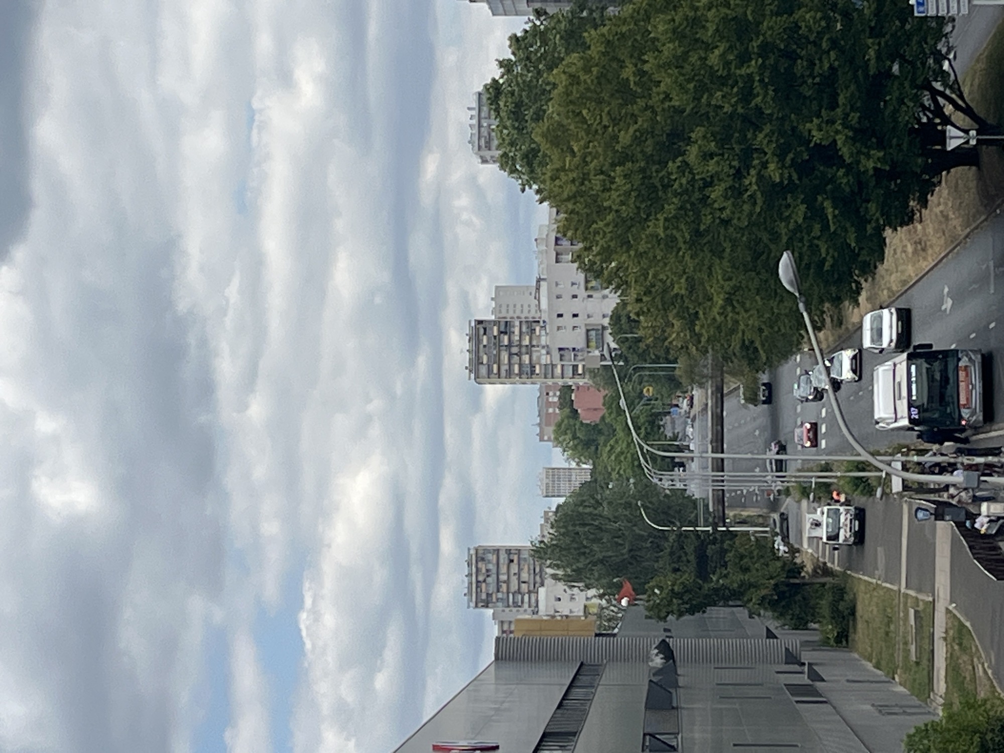 This image captures a street scene in Créteil, France, under a cloudy sky. In the foreground, a modern grey building stands to the left, with its facade featuring horizontal windows and some signage. A street runs diagonally through the middle of the frame, bordered by trees and sidewalks. Several vehicles are visible on the street, including cars, vans, and a bus with the number 217 displayed. There are streetlights and pedestrian crossings along the road. In the middle ground, a large, dense green tree dominates the right side of the frame. Beyond the trees, apartment buildings of varying heights, typical of urban residential areas, are visible against the overcast sky. The overall impression is of a residential urban environment.