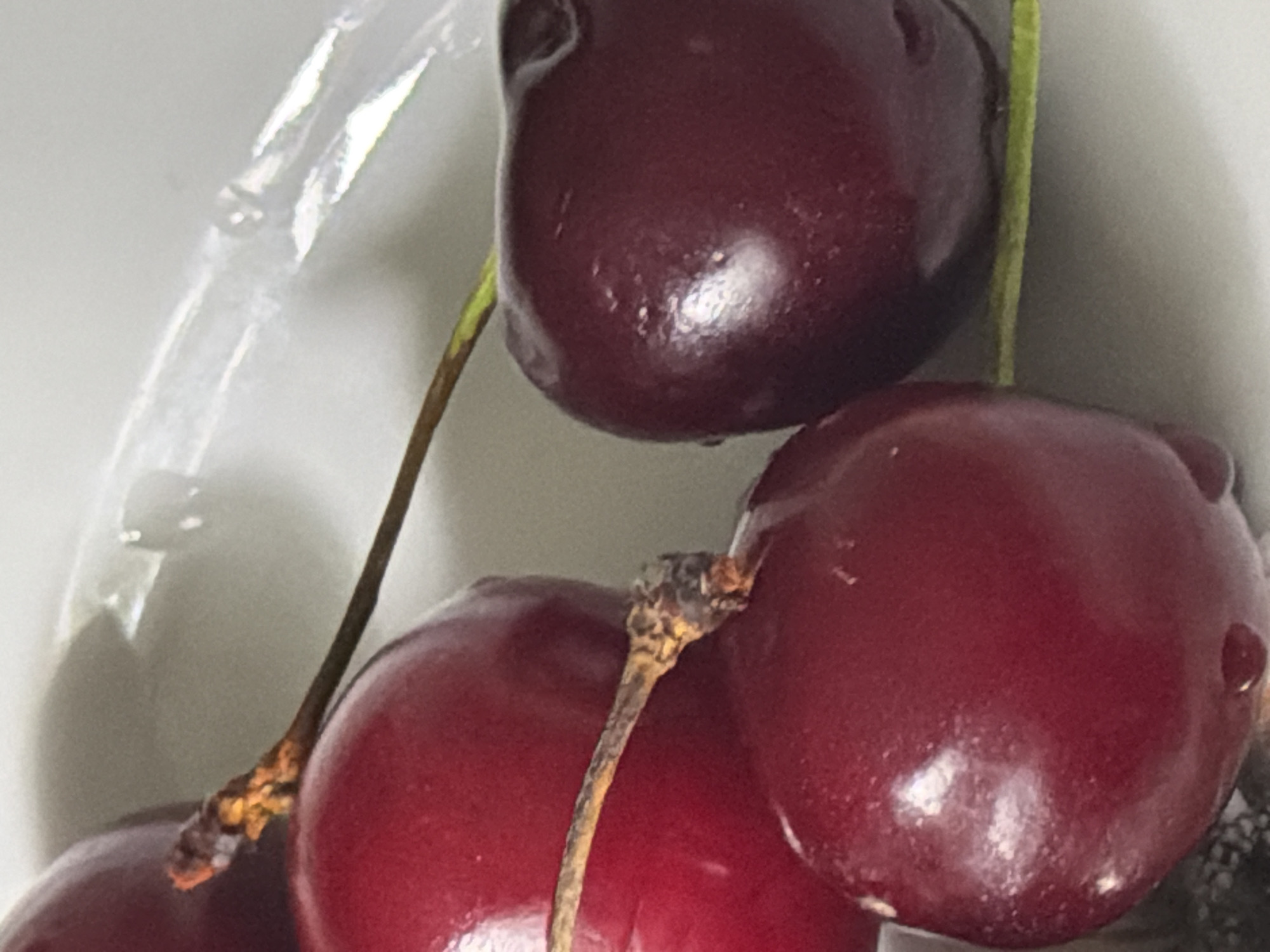 A close-up photograph depicts a cluster of dark red cherries. The cherries are glossy and appear to be fresh. The stems are a mix of green and brown, with some exhibiting a textured surface near the point of attachment to the cherries. A translucent, possibly plastic, material is visible in the upper left corner. The background is a smooth, light gray or white. The location cannot be determined from the image.