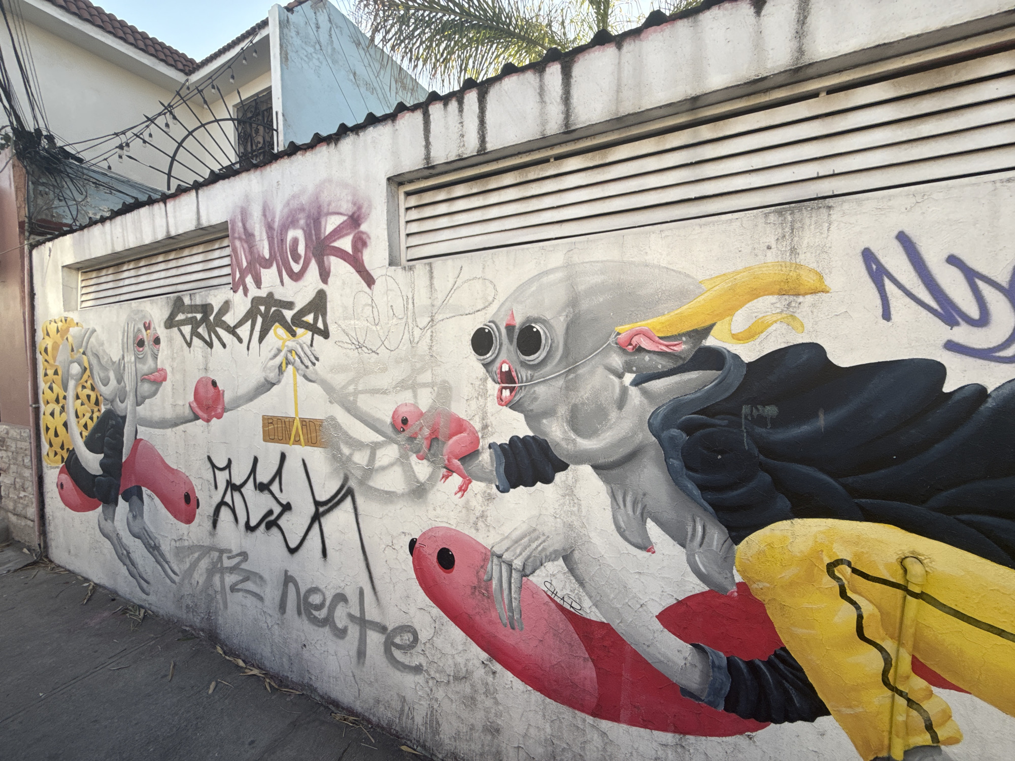 A medium, ground-level, angled outdoor shot shows a graffiti-covered white wall along a street in San Andrés Cholula, Mexico.
The wall is long and low, with a band of horizontal louvers running along the top. The wall is covered in graffiti, including stylized letters, tags, and bizarre figures. Two cartoonish figures, mostly gray in color, appear. The figure on the left has bulging eyes and a yellow patterned appendage behind them. A red object hangs down from their waist. The figure on the right is larger and appears to be in motion, riding atop a red object. They also have large eyes and a yellow appendage that appears to be damaged. A small pink creature sits between them. Black and purple graffiti is scrawled across the wall above and behind the figures. The words "Amor" and "Nector" are visible in the graffiti. The signature "Chado" is on the wall below the figure on the right.
Above the wall, a barbed-wire fence is visible. A two-story building is visible behind the fence. Power lines are on the left. The street is gray and empty. The sky is a clear blue.