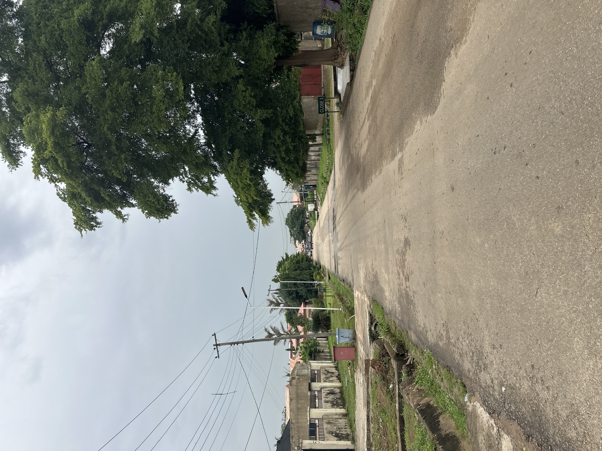 This is an eye-level, vertical, medium shot of a paved street in Abuja, Nigeria, on an overcast day. The street is empty and extends into the distance, lined with houses and trees on either side. A large tree with dark green leaves dominates the right side of the frame, its branches reaching over the street. On the left side, a row of buildings with light-colored walls and dark roofs is visible, separated from the street by a low concrete fence and a grassy area. Several utility poles with numerous wires are also present on the left. In the foreground, on the left side of the street, there are two trash bins, one red and one blue, next to a drainage ditch. A green sign with "CLOSE 3" is visible on the right side of the street, near the base of the large tree. The road surface is a light gray asphalt, showing some signs of wear and patches of moisture. The sky is a uniform light gray, suggesting cloudy or rainy weather.