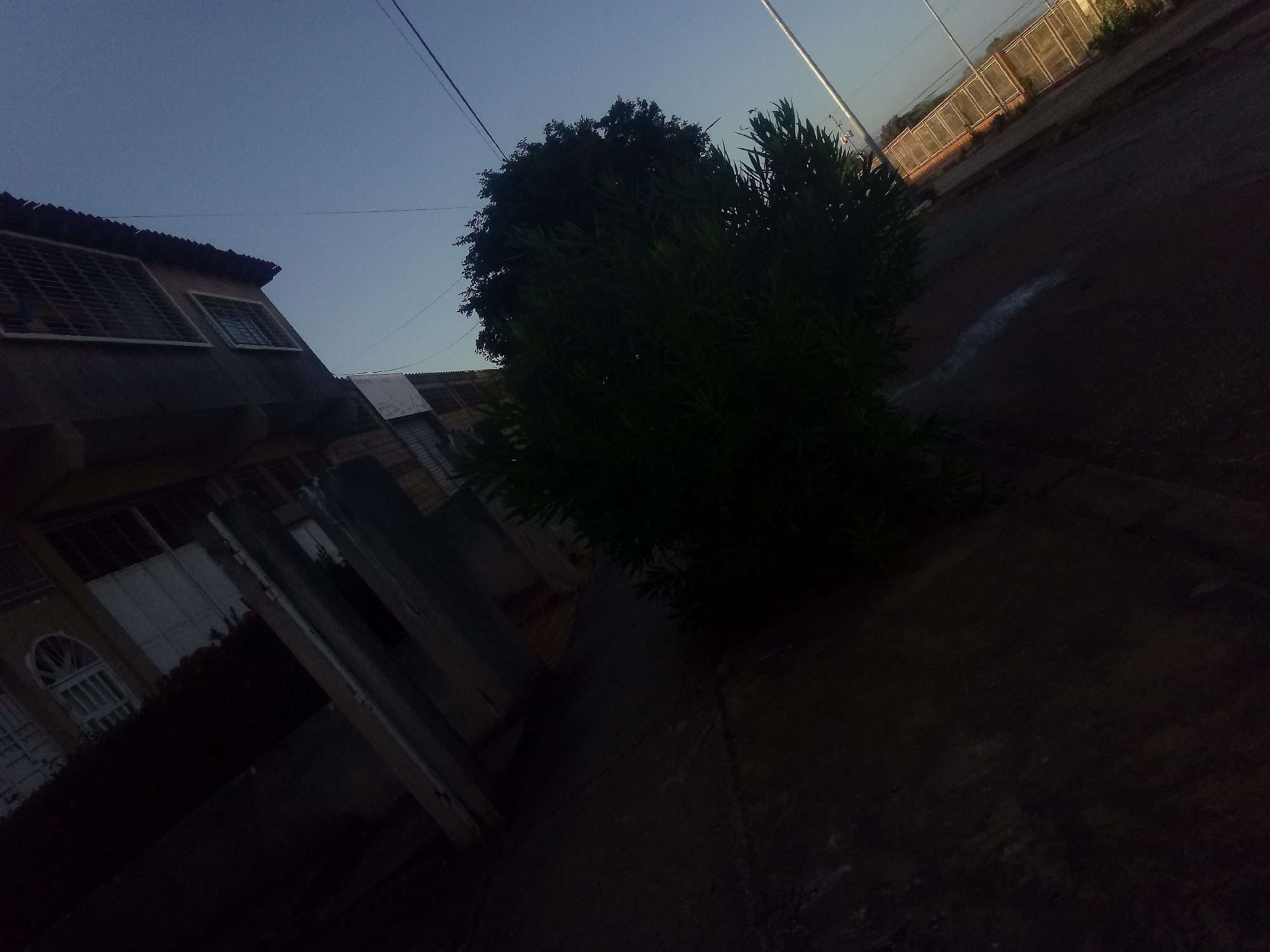 The image, taken in Juan Griego, Venezuela, shows a street scene at twilight or dawn. The sky is a gradient from dark blue to light blue. On the left, there is a two-story building with windows and a porch. In the center, a large, dark green tree is partially obstructing the view. On the right, there is a paved street that slopes downward and away from the viewer. A pole is visible on the right side of the street, and a fence is visible in the background. The overall scene is dark.