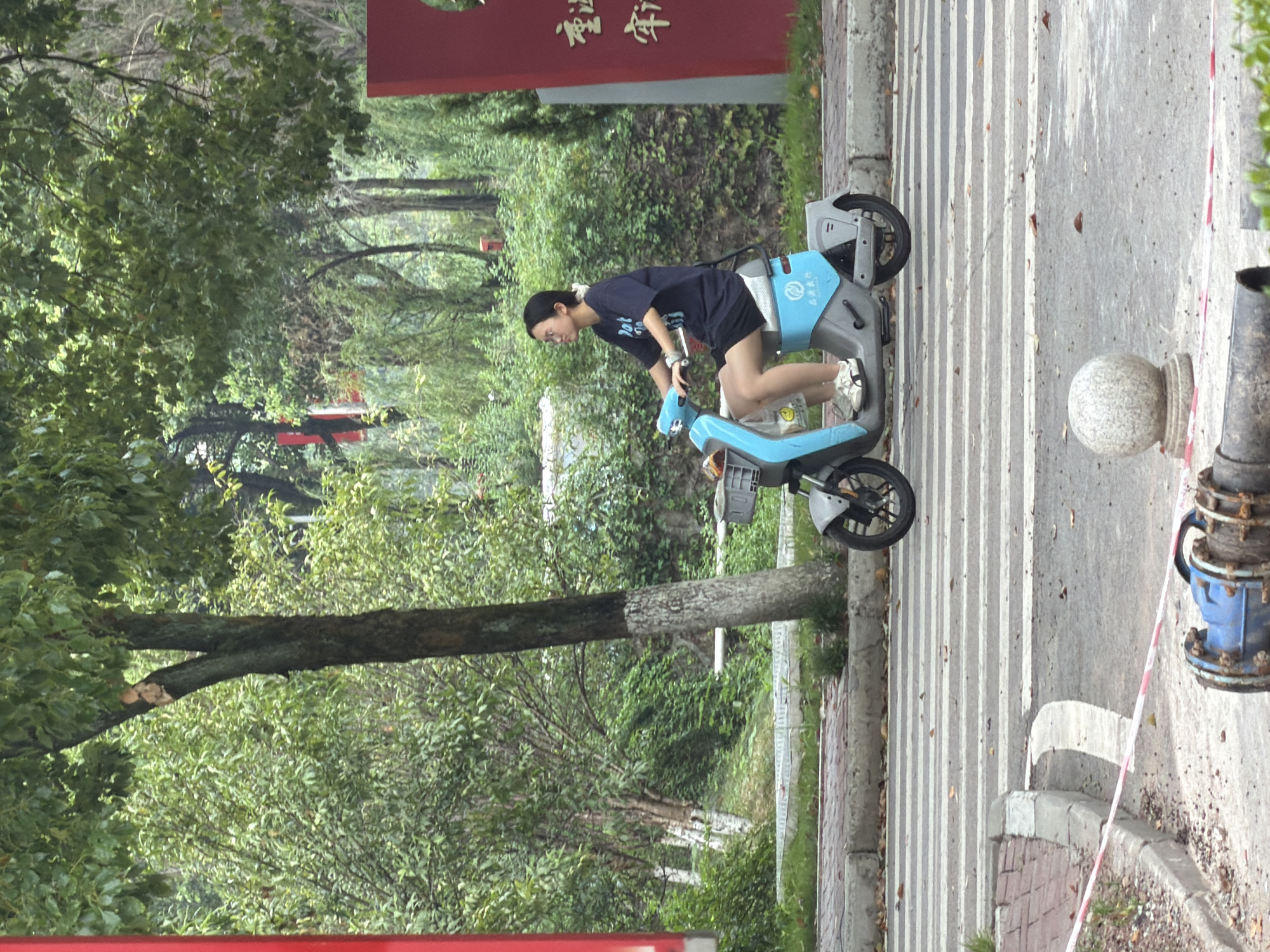In Jiangjin, China, a young woman with dark hair pulled back and wearing glasses rides a light blue electric scooter. She is dressed in a dark blue t-shirt and black shorts, with white and black sneakers. The scooter has a basket on the front and a storage compartment on the back with a logo. She is looking forward and appears to be navigating a street with a pedestrian crossing. The scene is outdoors, with lush green trees and foliage surrounding the road. A large tree trunk is visible to the left of the scooter, and a red sign with Chinese characters is partially visible on the right. The ground is paved, and there are fallen leaves on the road and sidewalk. In the foreground, a section of a blue pipe with rusted metal fittings is lying on the ground, bordered by red and white caution tape.