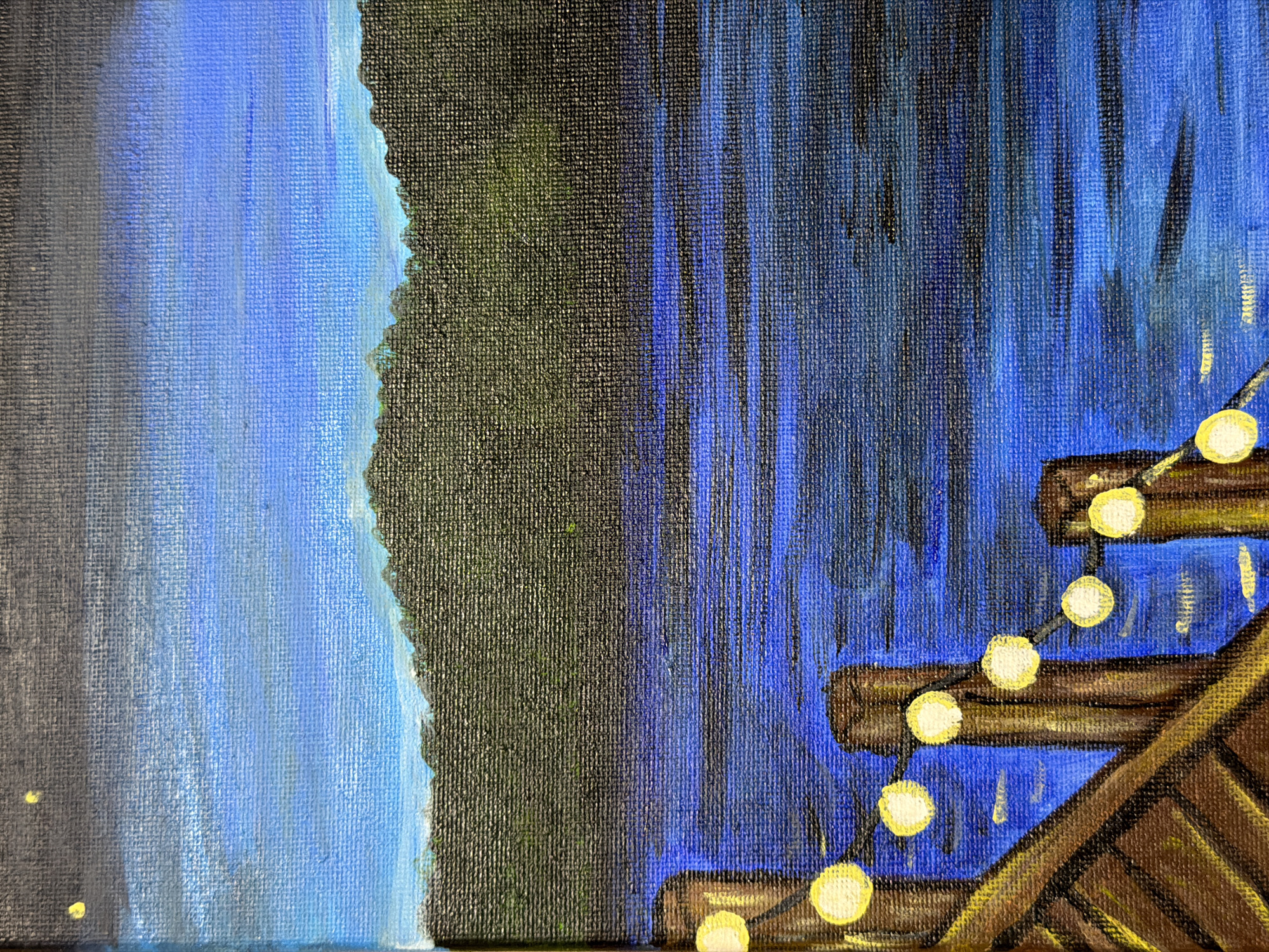 This is a close-up, medium shot, horizontal painting of a dock at night. The foreground features a wooden dock with a string of yellow, circular lights. The lights are illuminated and cast a glow. Beyond the dock is a body of water that reflects the blue sky and the lights. In the background, there is a dark silhouette of a treeline against a gradient of deep blue and dark grey sky. Two small yellow dots in the upper left corner of the sky suggest stars or distant lights. The painting style is textured, with visible brushstrokes on canvas. The overall mood is serene and slightly mysterious.