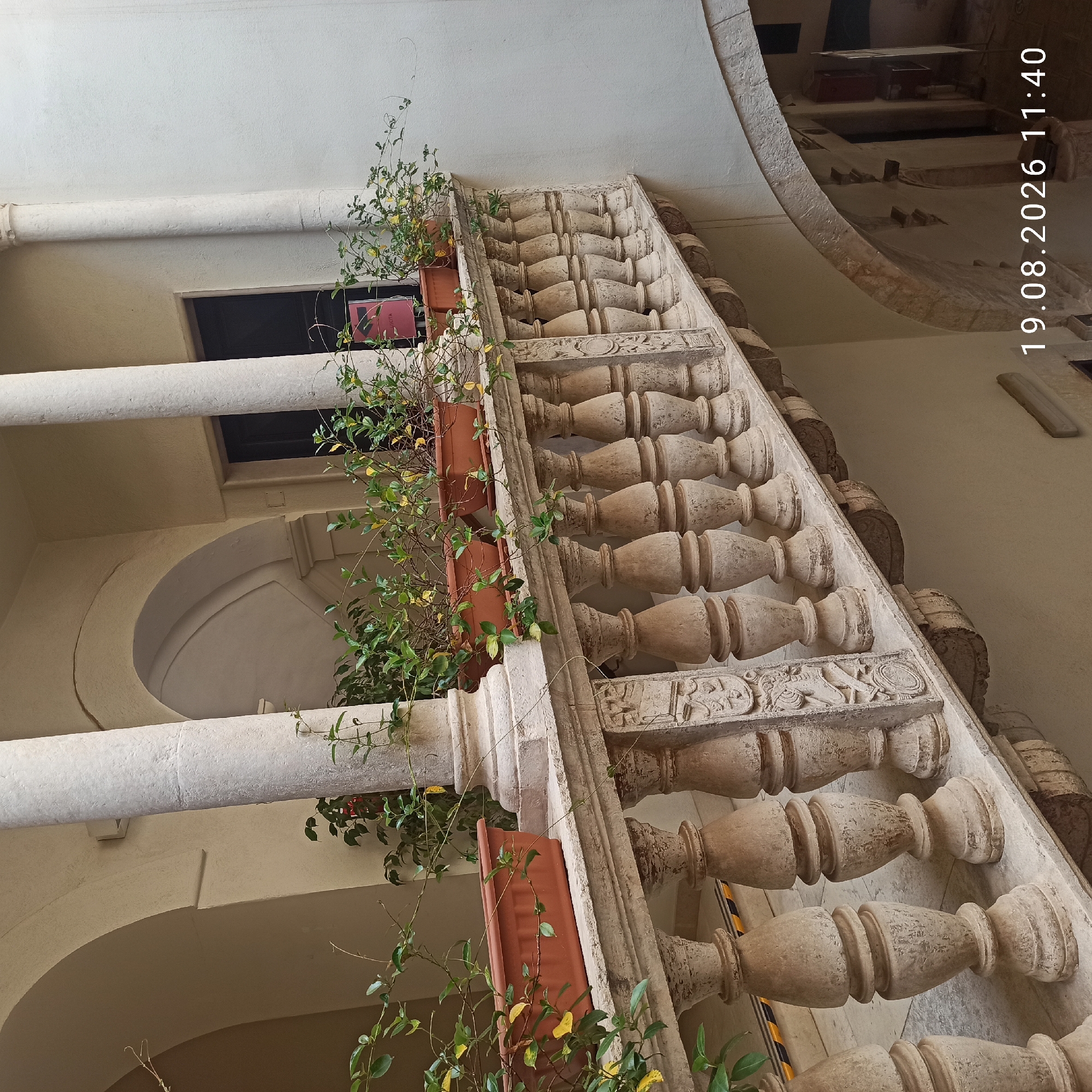 The image shows a detail of an internal courtyard in Ruvo di Puglia, Italy, featuring a stone balustrade adorned with plants in terracotta pots. The balustrade is made of carved stone pillars and handrails, showing signs of age and weathering. The plants are of varying sizes, with green leaves and some yellowing foliage, and are placed along the top of the balustrade. Behind the balustrade, a wall with arched openings and large stone columns can be seen. In the background, a dark doorway is visible. A date stamp "19.08.2026 11:40" is overlaid on the bottom right of the image. The overall scene suggests an old, possibly historic, building.