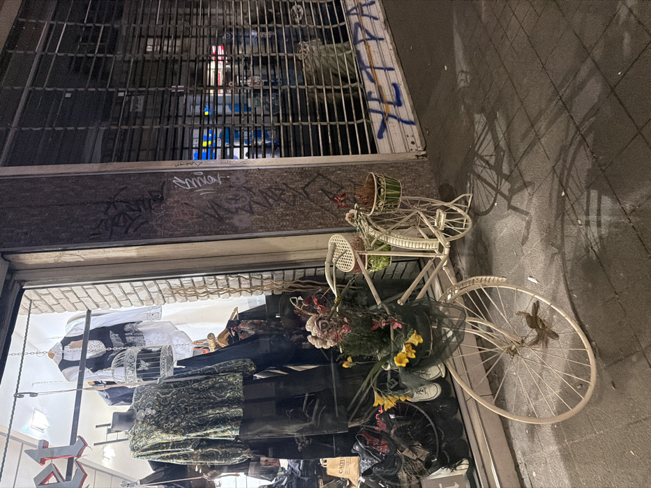 The image depicts a night street scene in Sofia, Bulgaria, featuring two adjacent commercial storefronts. On the left, a brightly illuminated shop window displays clothing on mannequins, including a green patterned long-sleeve blouse and a white shirt with a black vest. Decorative white birdcages are suspended within the display, and a "CACTUS" branded bag is visible in the background. The shop's facade features light-colored brickwork around the window.
Centered in the foreground on the dark, paved sidewalk is a white wrought-iron decorative bicycle, repurposed as a planter. It holds three baskets filled with various flowering plants, including yellow daffodils and reddish-pink blooms, with a dark mesh ribbon tied to its front.
To the right, an adjacent shop entrance is secured by a closed, gray metal roll-down security shutter. This shutter and the dark pillar between the two shops are extensively covered in graffiti, including the blue Cyrillic word "УЕТРА" sprayed near the bottom of the shutter. Reflections of interior lights and street elements, characterized by blue and yellow hues, are visible through the perforations of the closed security shutter. No individuals are present or engaged in activities within the frame.