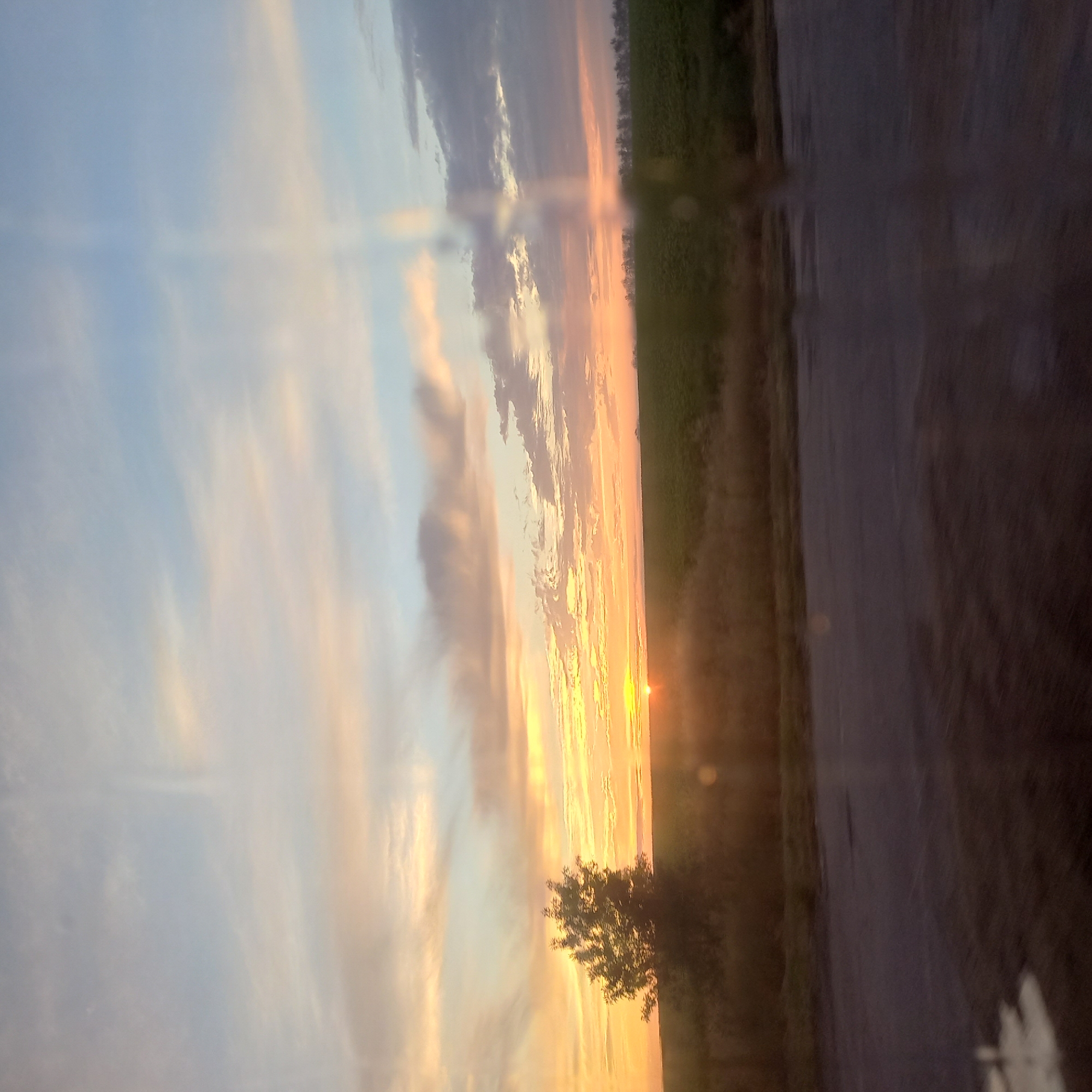 The image depicts a rural landscape at sunrise. The sky is a gradient of soft blues, oranges, and yellows, with wispy clouds stretching across. The sun is visible on the horizon, casting a warm glow. In the foreground, there is a dark, paved surface, possibly a road, with some reflections. Beyond that, a field of green crops stretches towards a line of trees on the horizon. A single, silhouetted tree stands in the middle ground to the left. The overall scene suggests a calm and serene morning in the countryside. Without specific landmarks or distinguishing features, pinpointing the exact location within Kropyvnytskyi, Ukraine, is not possible from this image alone.