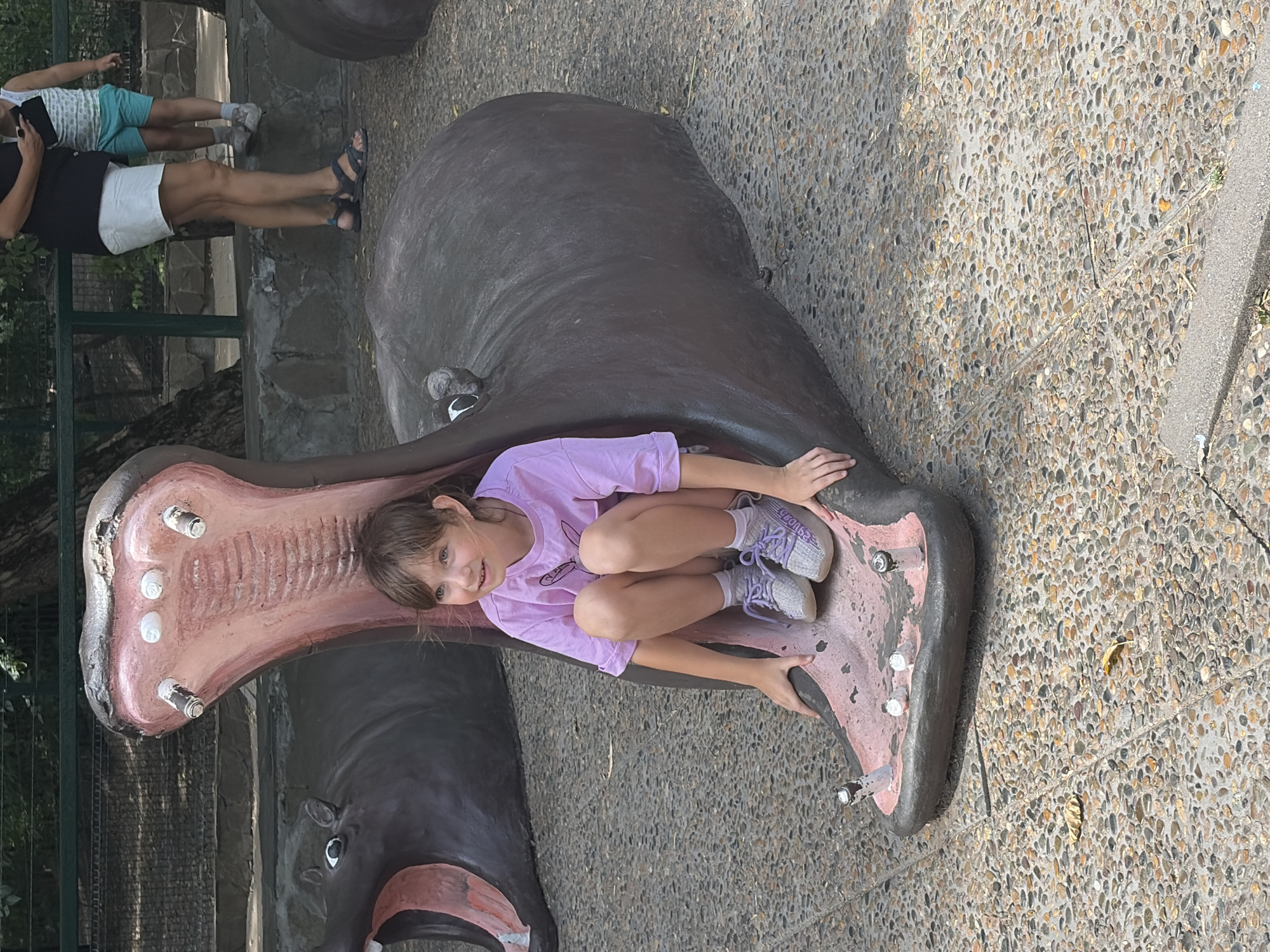 In the city of Rostov-on-Don, Russia, a young Caucasian girl with light brown hair, wearing a lavender t-shirt and light purple sneakers, is seated inside the open mouth of a large, dark gray hippopotamus sculpture. The sculpture is situated outdoors on a ground covered with small, multi-colored pebbles. The girl is positioned with her knees bent, her hands resting on the edges of the sculpture's mouth. Her gaze is directed to her right, and she appears to be smiling. In the background, another hippopotamus sculpture is visible, also with its mouth open, and two adult figures and a child are standing near a stone wall. The environment suggests a public space, possibly a zoo or a park.