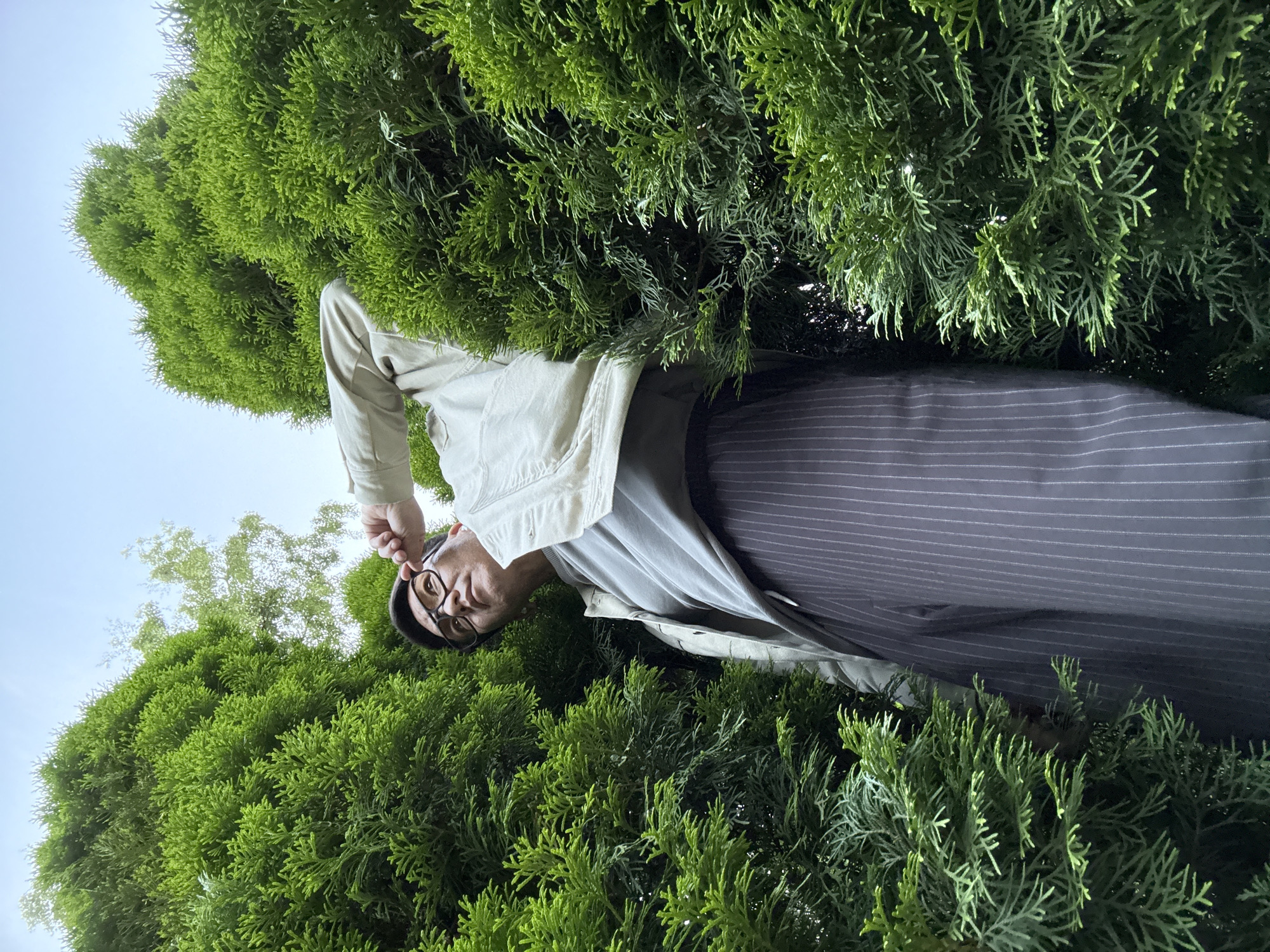 The image is a low-angle, Dutch tilt shot of a person standing amongst dense green foliage, likely coniferous trees. The person, who appears to be male, is wearing glasses, a light-colored jacket over a gray t-shirt, and striped trousers. He is looking down at the camera with a slight smile. The sun is visible in the background, suggesting it is daytime. The setting appears to be an outdoor, natural environment, possibly a garden or park, with the bright green of the foliage contrasting with the pale sky. The overall mood is relaxed and casual. No text is visible in the image. Given the location context of Moscow, Russia, this scene could be from any season where the trees are full and green.