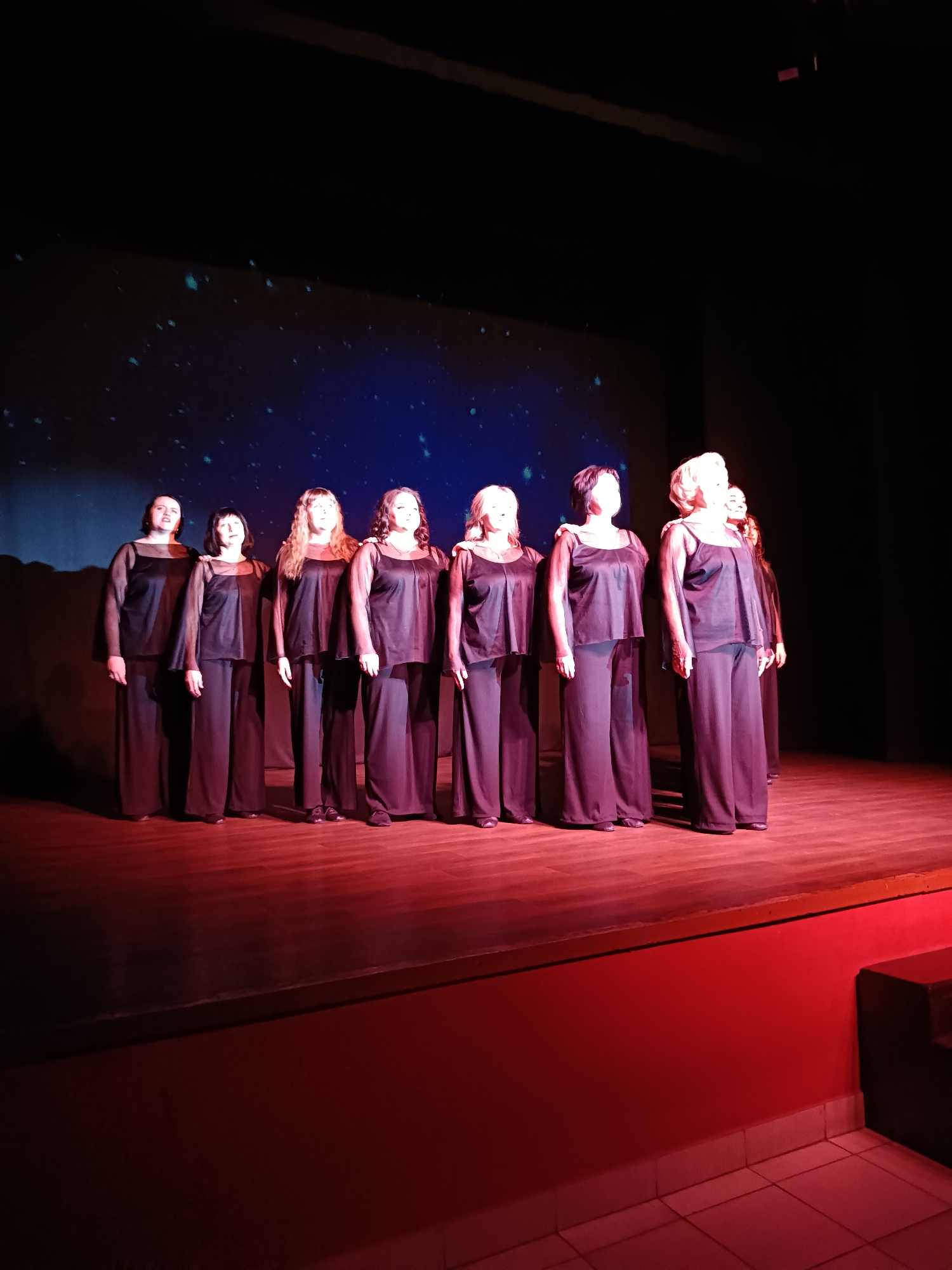 Nine women stand in a line on a wooden stage within an indoor performance venue in Chaikovsky, Russia. All individuals wear identical dark, loose-fitting two-piece outfits consisting of long-sleeved sheer tops over solid undershirts and wide-leg trousers. They are positioned facing forward or slightly right, looking upwards or straight ahead. Their faces and upper bodies are illuminated by overhead spotlights. The stage floor is reddish, contrasting with the dark red facade of the stage below, which rests on a tiled floor. Behind the performers, a dark blue backdrop displays numerous small, bright dots, resembling a starry night sky, with a dark, undulating horizon line at its base. The areas surrounding the stage and backdrop are dark.