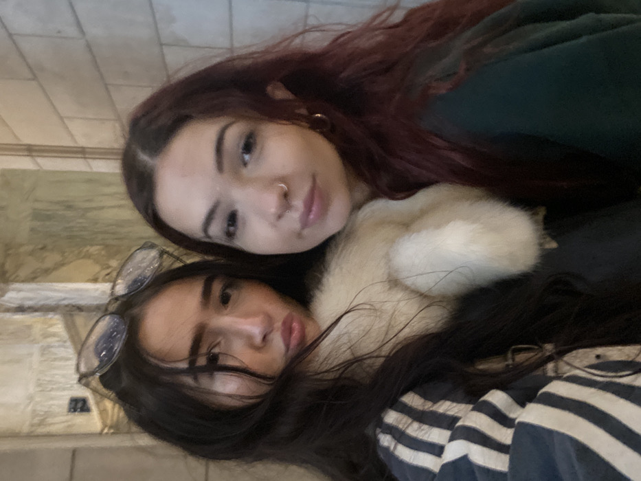 The image displays two young adult females in a close-up indoor portrait. The female positioned on the left has long, dark hair with eyeglasses resting on her head, and is wearing a dark garment with prominent white stripes. She exhibits a slight pouting expression. The female on the right has long, reddish-brown hair, a visible septum piercing, and small hoop earrings; she is wearing a dark, possibly green, top and maintains a neutral facial expression. Between the two subjects, a small, light-colored, fluffy animal, likely a dog or cat, is visible with its white fur and a paw resting on their shoulders. The background features ornate, light-colored stone architectural elements, possibly fluted columns or pilasters, on the left. The right side of the background shows a wall composed of lighter-colored brickwork or tiling. The scene suggests an interior public space consistent with a museum, gallery, or similar grand building located within the City of London, United Kingdom.