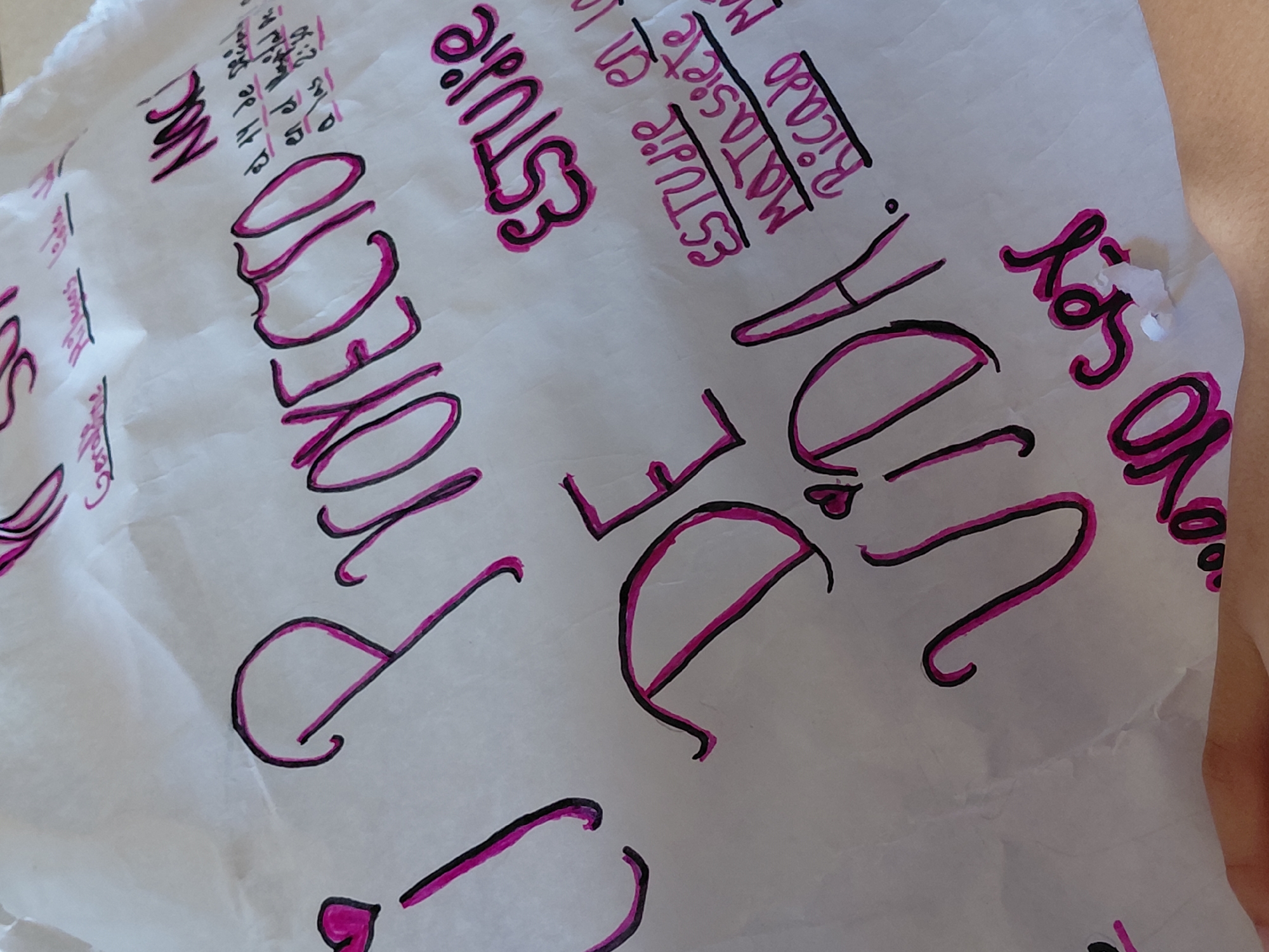 A white sheet of paper, exhibiting multiple creases and wrinkles, is the central subject of the image. Text is handwritten in Spanish across its surface, utilizing a distinctive style with a black outline and a magenta-pink fill, creating a subtle three-dimensional effect.
The prominent title, centered on the page, reads "Mi PROYECTO DE VIDA." (My Life Project.). The dot of the 'i' in "Mi" is stylized as a pink heart, and another small pink heart is located near the 'V' in "VIDA".
Additional textual elements include:
- In the top right section, the word "NACI" (Born) is present, followed by "el 14 de 28 julio en el Hospital Regional a las 2:30" (on July 28th at the Regional Hospital at 2:30).
- To the right of the main title, smaller text states "ESTUDIE" (I studied).
- Directly below, further details read "ESTUDIE en la MATASiete Ricardo" (I studied at MATASiete Ricardo).
- In the bottom left, the phrase "yo soy" (I am) is written, with a small, crumpled piece of white paper adhered to and partially obscuring the final word.
A light-skinned human hand is partially visible in the bottom right corner of the frame, appearing to hold or rest on the paper. The background is out of focus and presents as a uniformly light-colored surface. The scene is situated in Santa Ana, Venezuela.