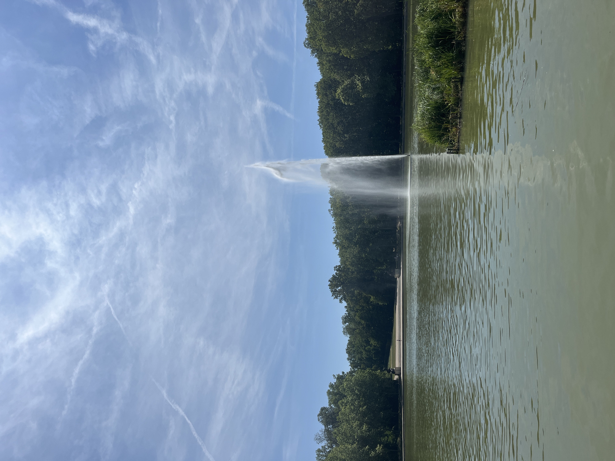 The image depicts a serene daytime scene at Parc de Sceaux in Antony, France. A tall, powerful fountain erupts from the calm, greenish water of a large pond, its spray reaching high into the bright blue sky dotted with wispy white clouds. The pond is bordered by a dense line of lush green trees that form a natural backdrop. On the far bank of the pond, a subtle slope leads up to a wide, flat area, possibly a plaza or promenade, where a solitary figure can be seen walking. The water's surface is rippled, reflecting the sky and the surrounding greenery. To the right foreground, a small island of tall green reeds grows out of the water. The overall impression is one of natural beauty and tranquility within a park setting.