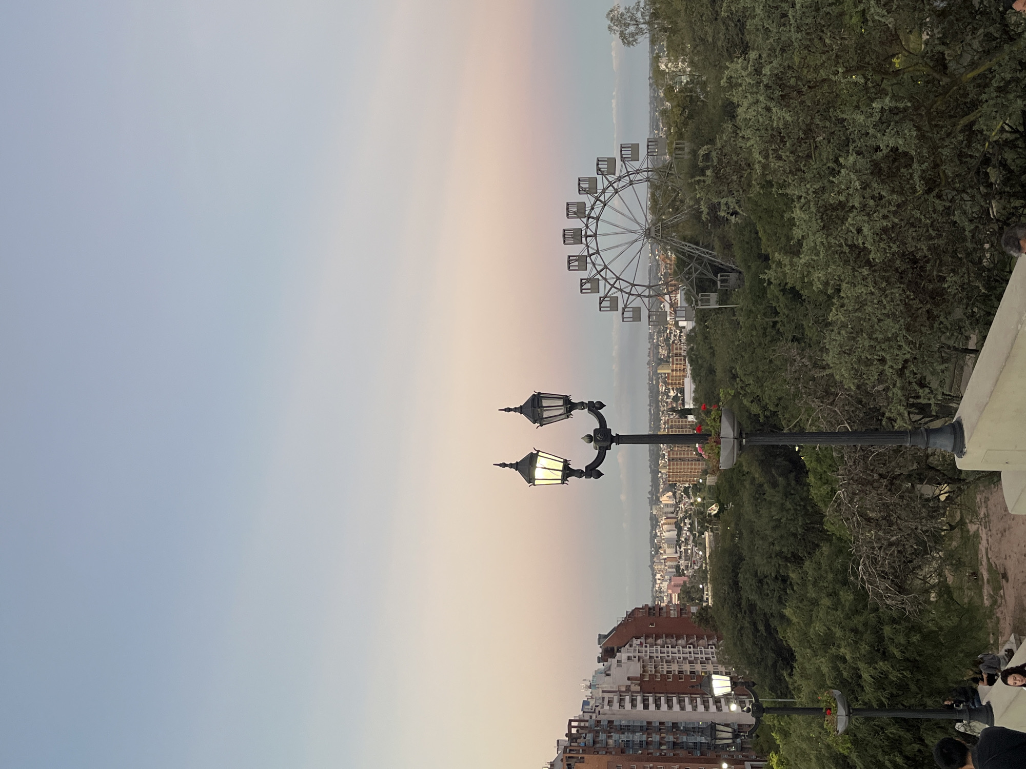 The image captures a twilight scene in Córdoba, Argentina, featuring a Ferris wheel set amongst green trees in the distance. A lamppost with two lit lamps stands in the midground, contrasting with the pink-hued sky. Below, buildings of different heights are nestled amongst the greenery. In the foreground, a white wall and people are partially visible, indicating an elevated viewing point. The focus is on the Ferris wheel, lamppost, and cityscape against the pastel sky.