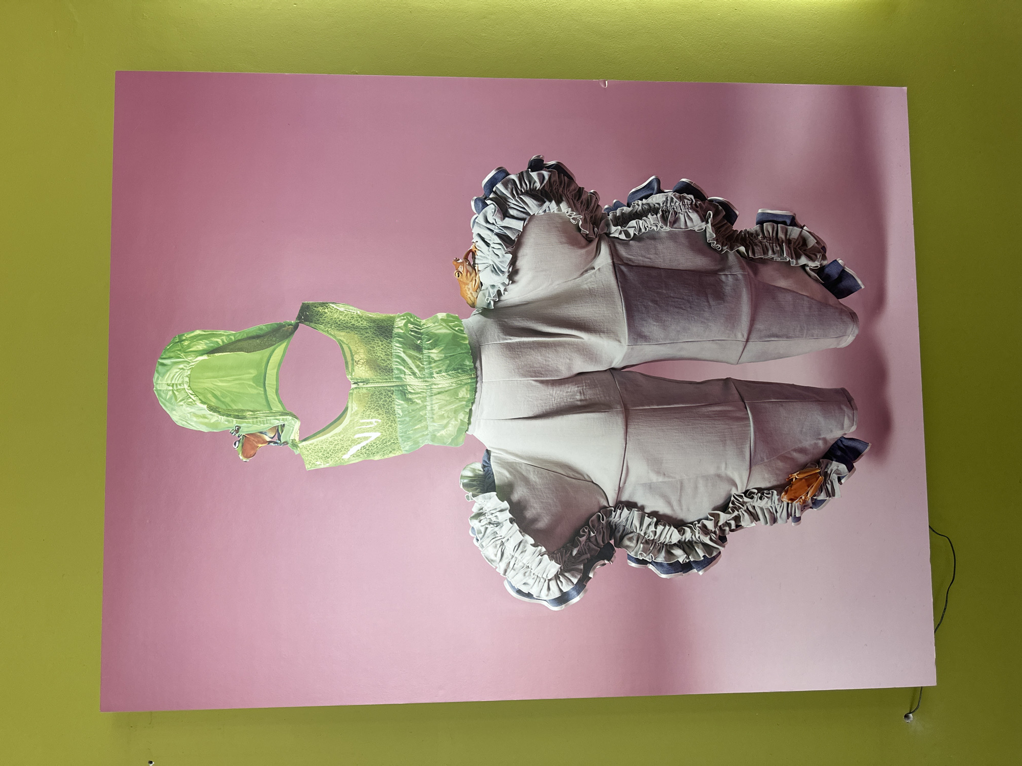 A photograph depicts an art installation against a green wall, possibly within a gallery in Mexico City, Mexico. A large pink background serves as the backdrop for an outfit. The outfit consists of a shiny, lime-green vest and light-gray trousers with ruffled edges. The trousers have a strip of blue fabric along the edge of the ruffles. There is a gold-colored accessory pinned to the trousers on both sides. The artwork is attached to the wall, with a black wire visible on the lower right corner.