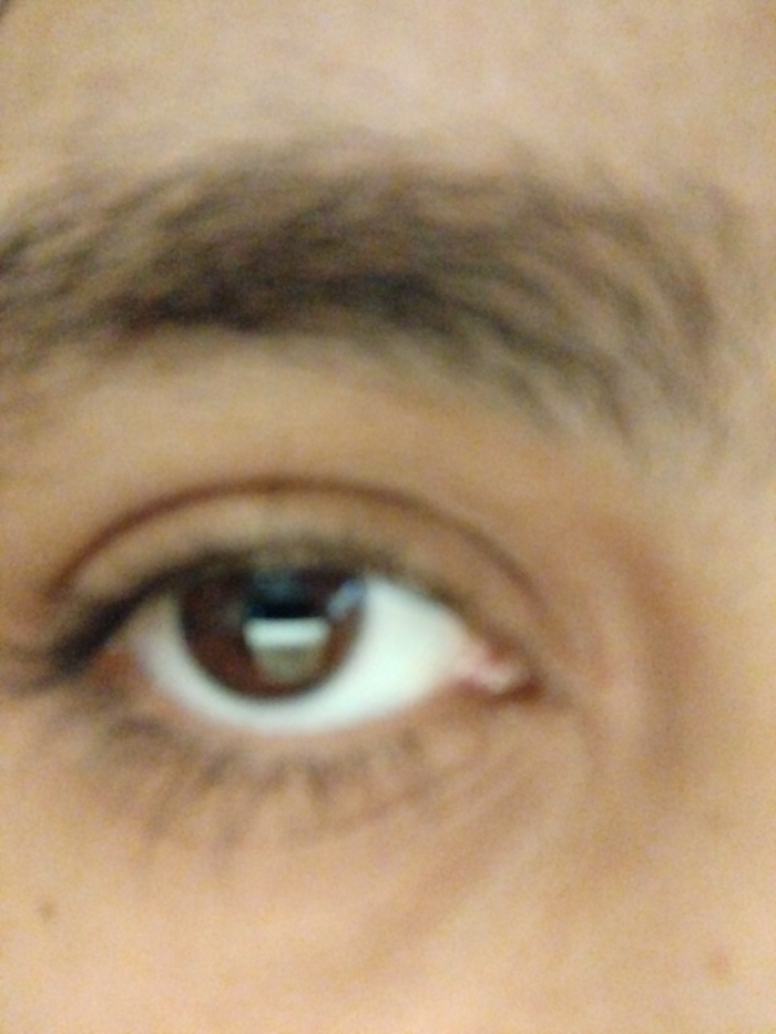 The image shows a close-up of a human eye. The iris is brown with a distinct light reflection. The sclera is white, and the surrounding skin is light brown. Eyelashes are visible on the lower eyelid. Above the eye, a portion of a brown eyebrow is visible. The image is slightly out of focus, providing a soft quality to the details.