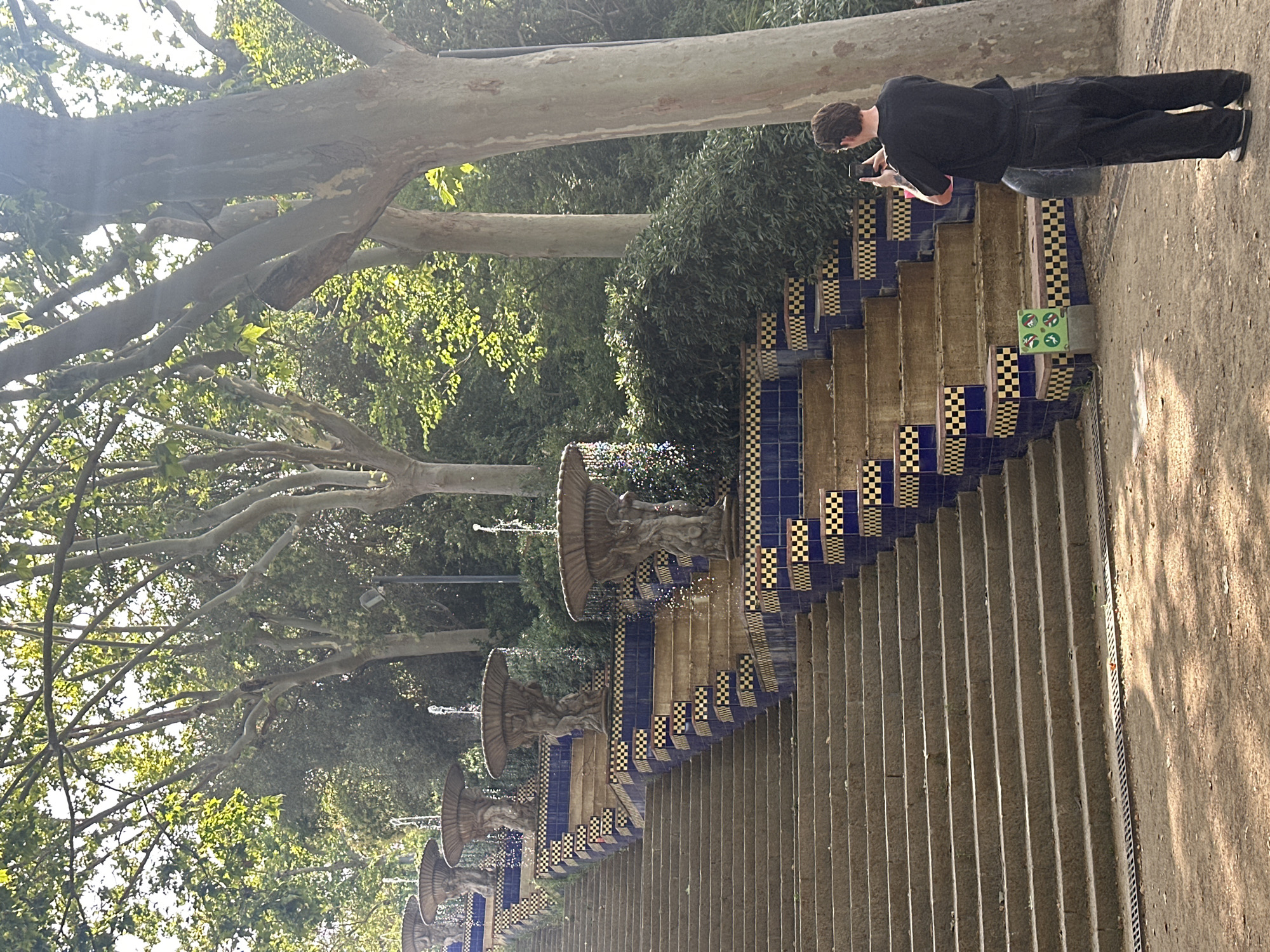 The image shows a person standing on a grand staircase with decorative blue and yellow tiles. The person is wearing black clothing and appears to be looking at their phone. The staircase is flanked by lush green trees and several fountains with ornate sculptures. The sunlight suggests it is daytime, and the scene appears to be an outdoor park or public space. The architecture, particularly the tile work and sculptures, hints at a location with a distinct artistic style, possibly reminiscent of Antoni Gaudí's work, which is common in Barcelona, Spain. The overall mood is peaceful and contemplative, with the natural elements of trees and water creating a serene atmosphere. There are no visible signs of text in the image.