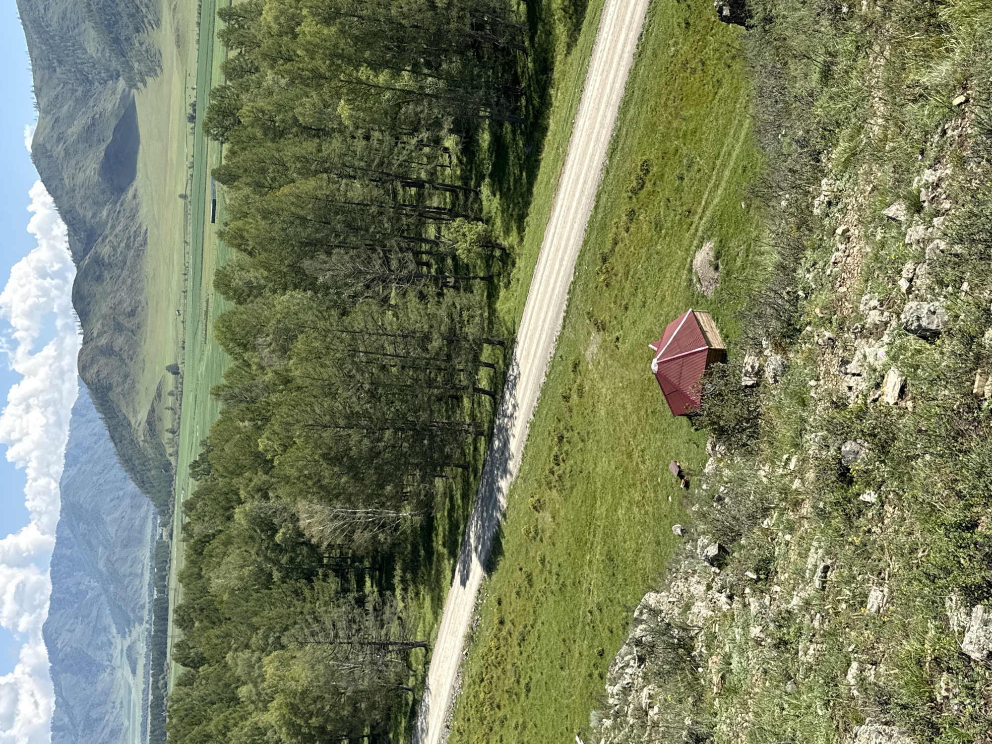 A high-angle, eye-level shot shows a rural landscape with mountains in the distance. In the foreground, a rocky, grassy hillside slopes down to a field dotted with trees. A dirt road winds through the field, and a small, red-roofed building with wooden walls sits beside it. In the far distance, a vast mountain range with layered peaks stretches across the horizon under a bright, cloudy sky. The location is Bichiktu-Boom, Russia.