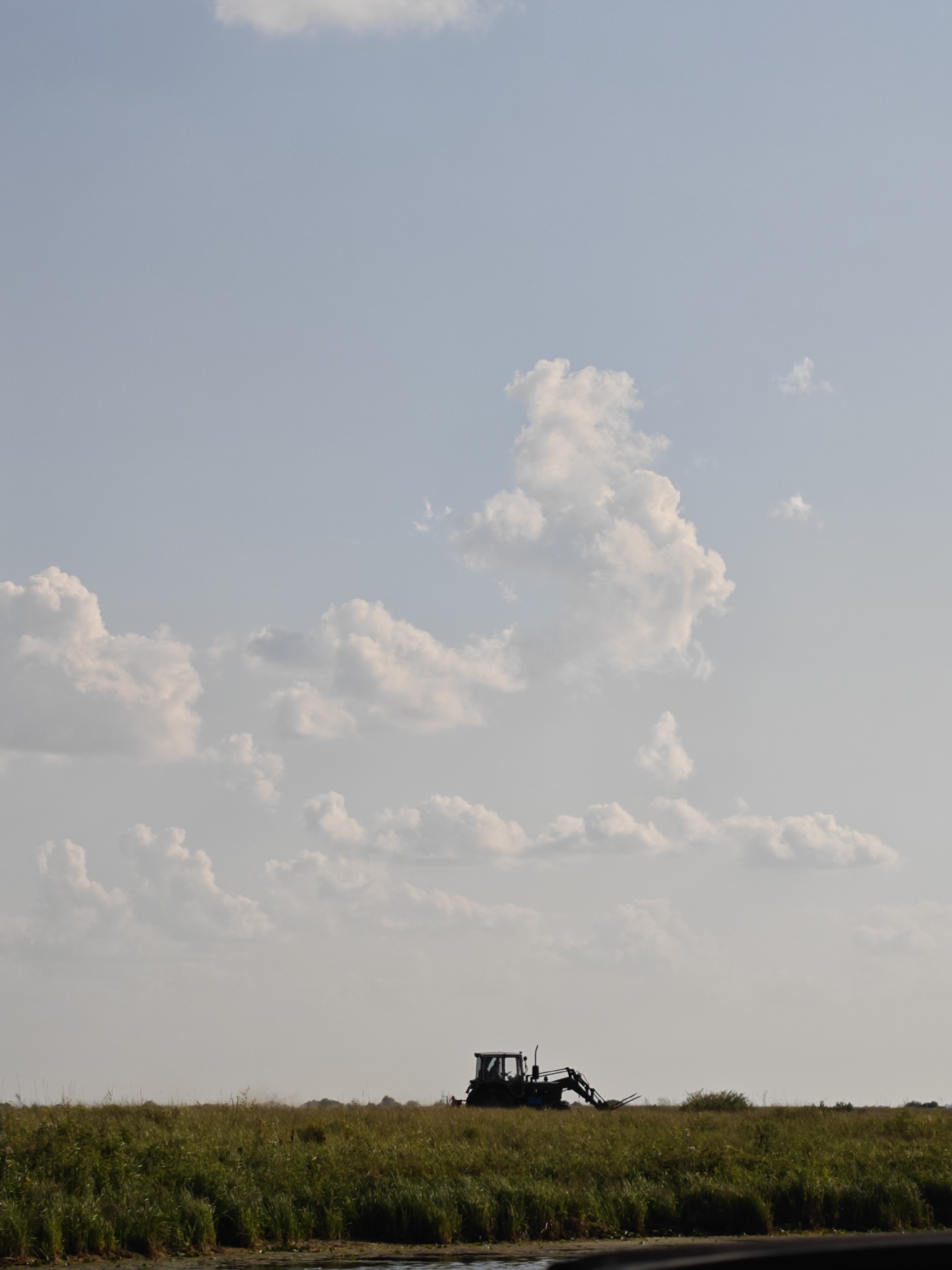 An overcast sky with scattered white clouds stretches above a flat, grassy field. In the middle ground, a dark silhouette of a tractor with a front-end loader is visible on the horizon. The tractor appears to be stationary. The field is lush with green grass, with some taller stalks suggesting natural growth or crops. The lower portion of the image shows the edge of a dark body of water, possibly a river or canal, reflecting the muted light. The scene suggests an agricultural or rural setting, likely during daylight hours.