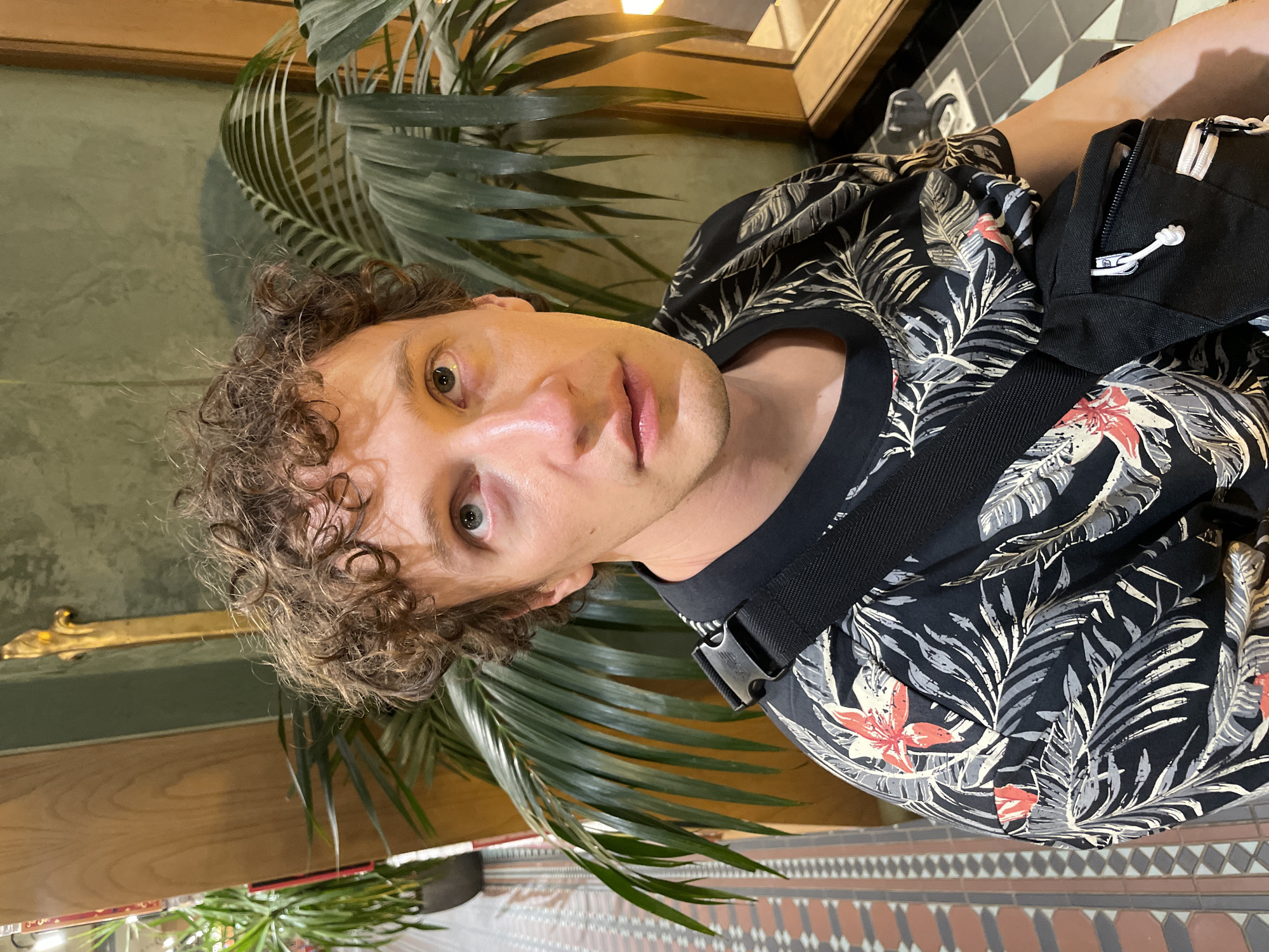 The image features a male individual, appearing to be in his late 20s or early 30s, with light skin, curly brown hair, and light-colored eyes. He is wearing a dark, short-sleeved t-shirt patterned with grey-white palm leaves and red-orange hibiscus-like flowers. A black strap, likely from a crossbody bag, passes over his left shoulder (viewer's right), featuring a metallic buckle with the word "VANS" inscribed. A black sling bag with white zippers and knotted white pull cords rests on his right side (viewer's left). The individual's gaze is directed slightly upwards and to the right, with a neutral facial expression.
The setting is an interior space, located in an establishment in Saint Petersburg, Russia. The background consists of a green, textured wall, partially obscured by large potted palm plants with distinct fronds visible on both sides of the frame. Wooden paneling or furniture is present behind the plants. The floor is covered with an elaborate geometric tile pattern in shades of red, brown, black, grey, and off-white. A golden, ornate decorative fixture is mounted on the green wall in the upper right portion of the image. The overall lighting is soft and ambient, with a warm glow emanating from a light source reflected in a surface in the far right background.