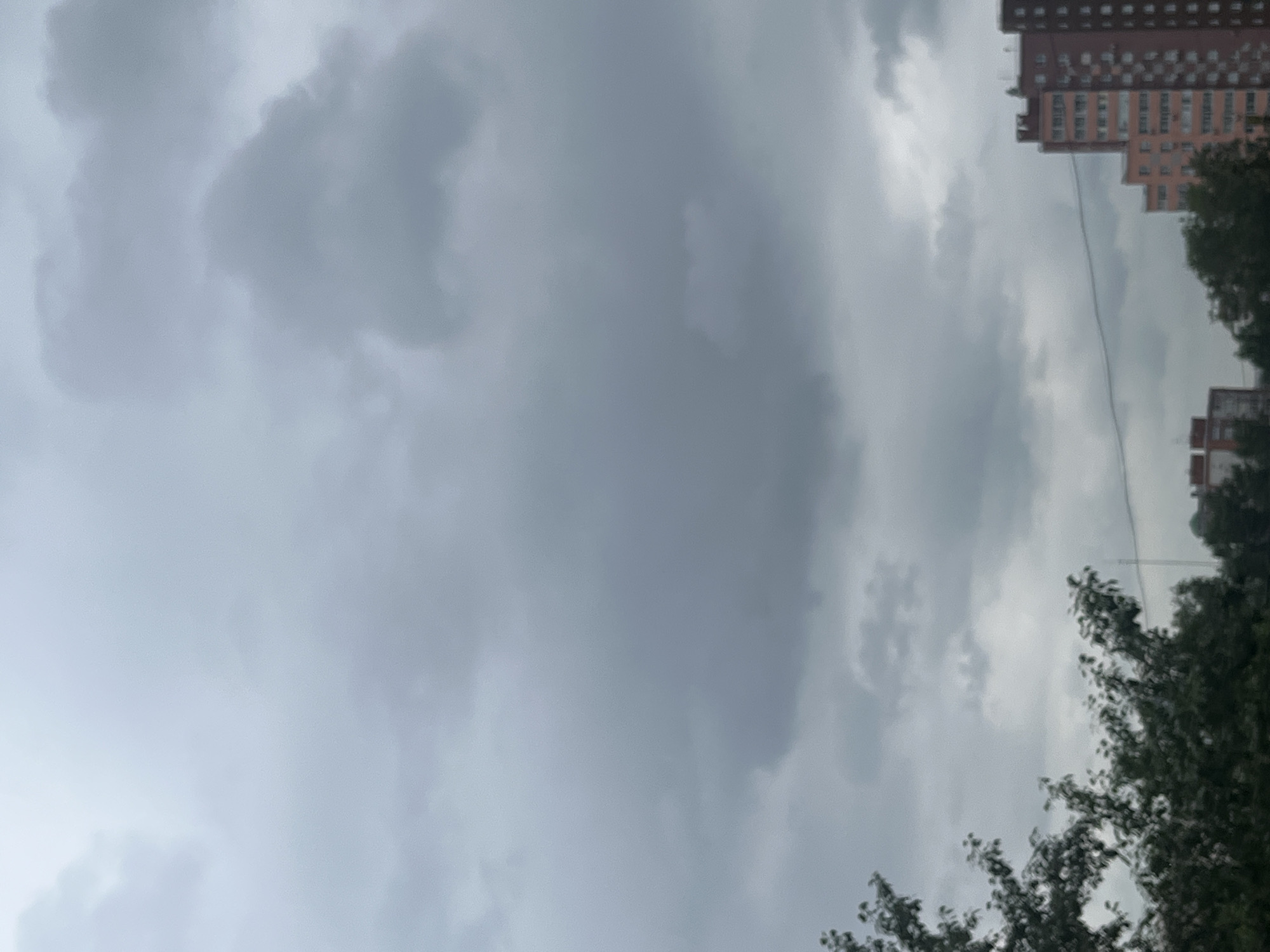 The image depicts an overcast sky with dark, heavy clouds over a city. In the foreground, on the left side, is a cluster of dark green trees. In the background, on the right side, are several multi-story buildings with reddish-brown and orange facades. A thin wire stretches horizontally across the middle ground between two of the buildings. The scene suggests a gloomy or impending weather event. This view is consistent with the urban environment of Chelyabinsk, Russia, particularly in its residential areas with high-rise apartment buildings and interspersed greenery. There are no people visible in the image.