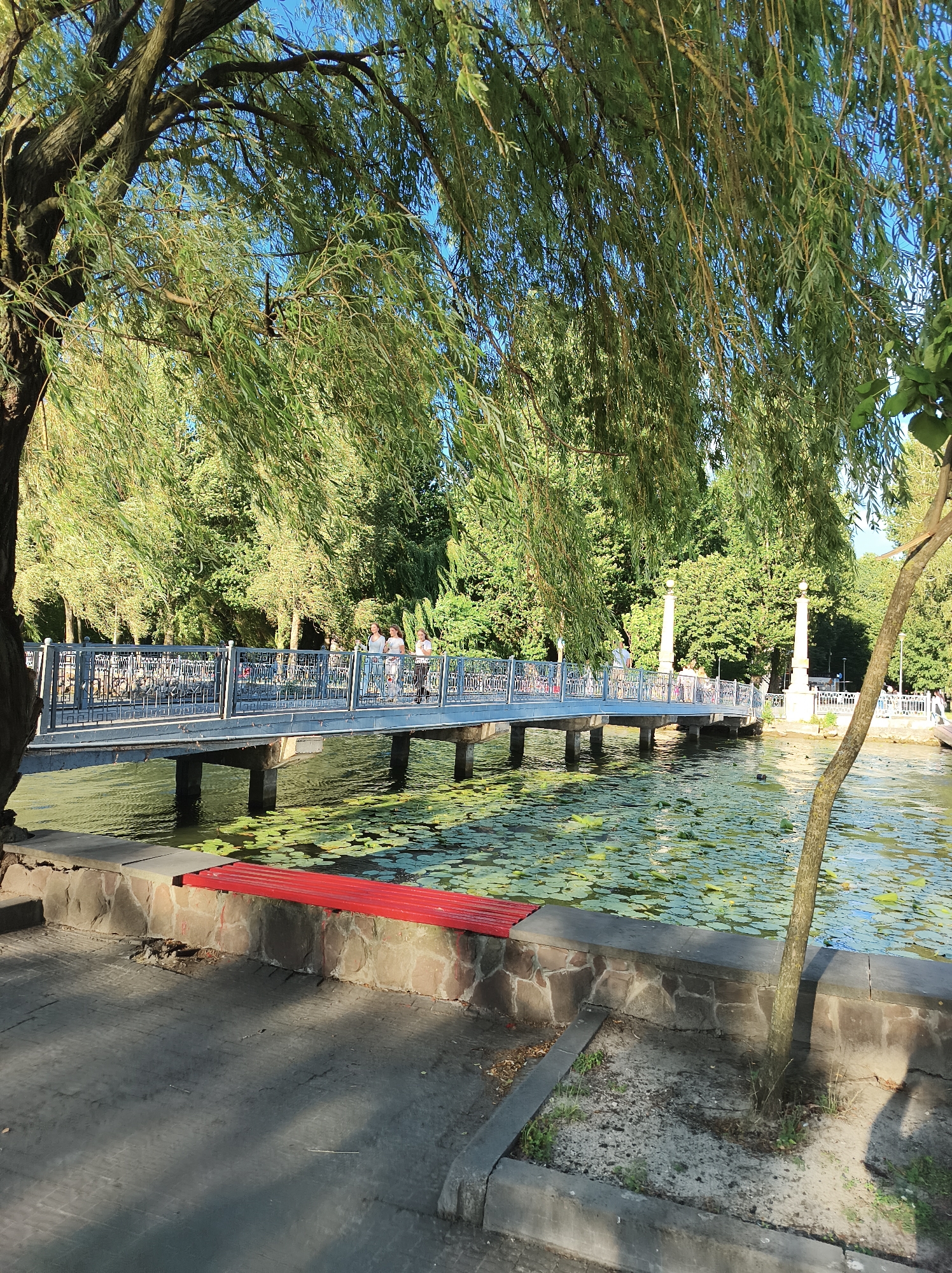 The image shows a scenic view of Ternopil Lake in Ternopil, Ukraine. In the foreground, a red bench is positioned along the stone embankment. Beyond the bench, the lake is covered with lily pads, and a bridge spans across the water. Several people are visible walking on the bridge. The background features lush green trees and a clear blue sky. The overall scene depicts a peaceful and picturesque park environment.