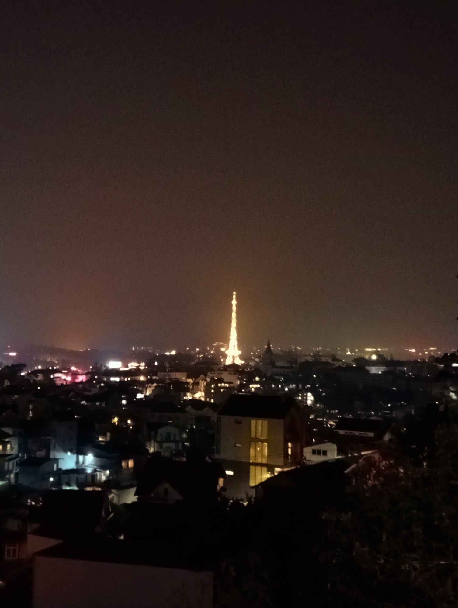 The photograph depicts a nighttime cityscape of Da Lat, Vietnam. In the center of the frame, an illuminated tower resembling the Eiffel Tower stands out against the night sky. The city below is dotted with numerous buildings, some with lit windows, creating a network of lights. The foreground consists of darker shapes that seem to be rooftops and vegetation. The sky appears hazy or slightly foggy, muting the lights of the city. There are no people visible in the image.