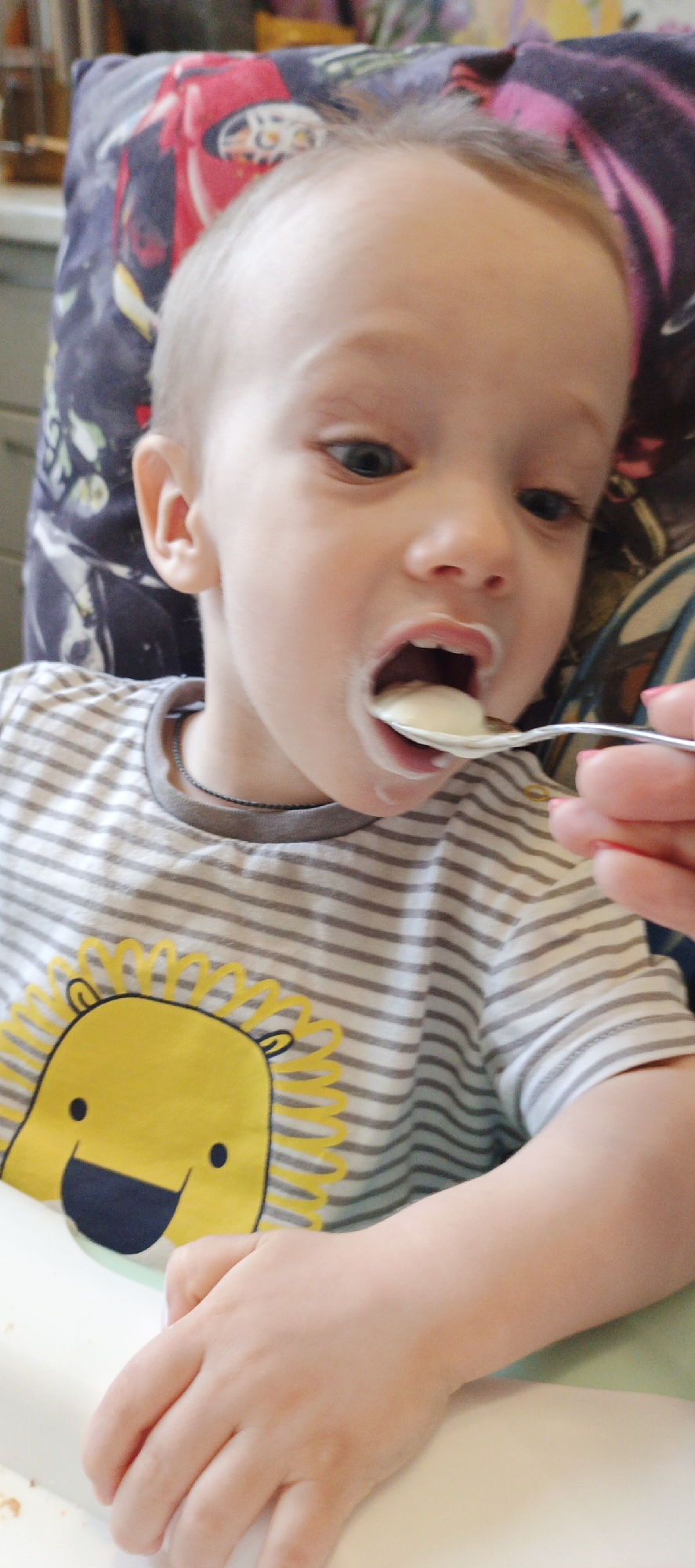 The image shows a close-up of a young child being fed by an adult, captured indoors in what appears to be a home setting in Chaikovsky, Russia. The child, a toddler with light hair and blue eyes, is seated in a high chair or similar child seating, indicated by a white tray at the bottom of the frame. They are wearing a light-colored t-shirt with horizontal grey and white stripes, featuring a cheerful yellow lion graphic on the front.
The central activity depicts the child with an open mouth, actively receiving a spoonful of a light-colored substance, likely yogurt or porridge. The spoon is held by an adult hand, partially visible on the right, distinguished by pink-painted fingernails. Some of the food is visible around the child's mouth, suggesting ongoing consumption.
Behind the child, a patterned cushion or pillow, featuring red cars and abstract designs, provides back support. The background is softly blurred, focusing attention on the child and the feeding interaction. The scene is well-lit, indicating it is daytime. The child's expression appears focused and attentive to the food being offered. No text is visible in the image.