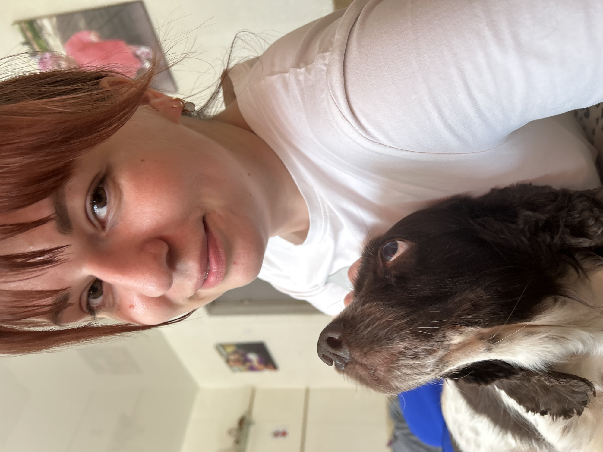 The image, when viewed upright, captures a close-up indoor scene featuring a young adult woman and a dog. The woman, on the left, has shoulder-length reddish-brown hair with bangs and fair skin. She wears a white t-shirt and a small gold-toned earring in her right ear. A gentle, slight smile graces her lips as she looks towards the camera.
Beside her on the right is a medium-sized dog, possibly a Spaniel, characterized by its dark brown and white fur. Its head is prominent, with soft, wavy fur around its ears. Its brown eye is visible, looking slightly upwards and to the right, suggesting attentiveness or curiosity. The woman appears to be interacting closely with the dog, indicating a shared moment or a selfie.
The background is blurry and indistinct, showing elements of an indoor room, likely a home. A framed picture or poster with pink/red tones is vaguely visible on the wall behind the woman's head. The lighting appears natural, suggesting it is daytime. The overall mood conveys warmth and affection between the woman and her pet. The location context provided is Foky, Russia. There is no visible text in the image.