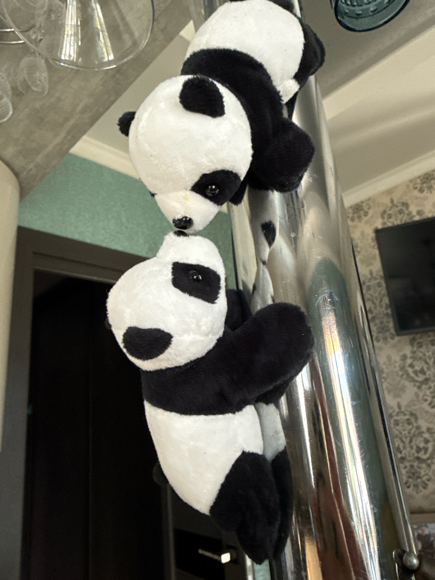Two stuffed panda toys are hanging from a metal railing. The top panda is upside down and its head is close to the bottom panda's head. The bottom panda is right side up. They are both black and white and appear to be made of plush material. The background shows a room with light green walls, a dark brown door, and a television screen mounted on a patterned wallpapered wall. There are also some clear glass objects on a shelf above the railing. The scene appears to be indoors, possibly in a residential setting.