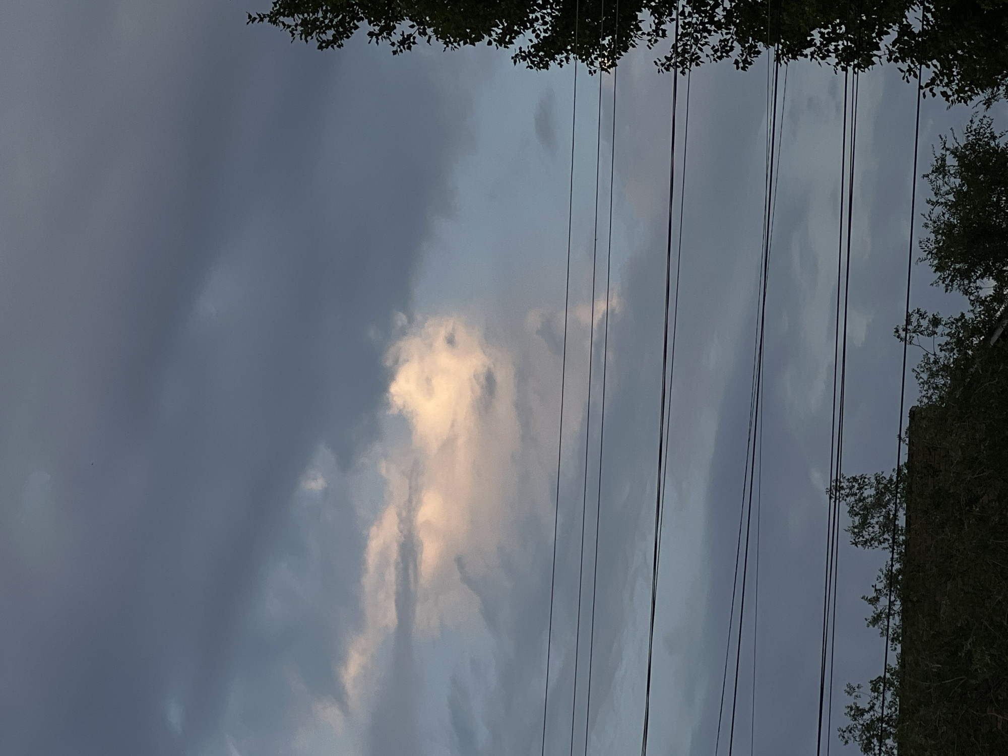 The image captures a cloudy sky above a few trees and power lines. The clouds are a mix of dark gray and lighter, illuminated patches, suggesting either twilight or an approaching storm. In the foreground, the tops of dark green trees are visible, with some branches extending higher into the frame on the right side. Several parallel power lines stretch horizontally across the middle section of the image. The overall scene depicts an outdoor environment, likely in a suburban or urban area, with elements of nature contrasted against man-made infrastructure. The location in Oral, Kazakhstan is not discernible from the visual information provided in the image.