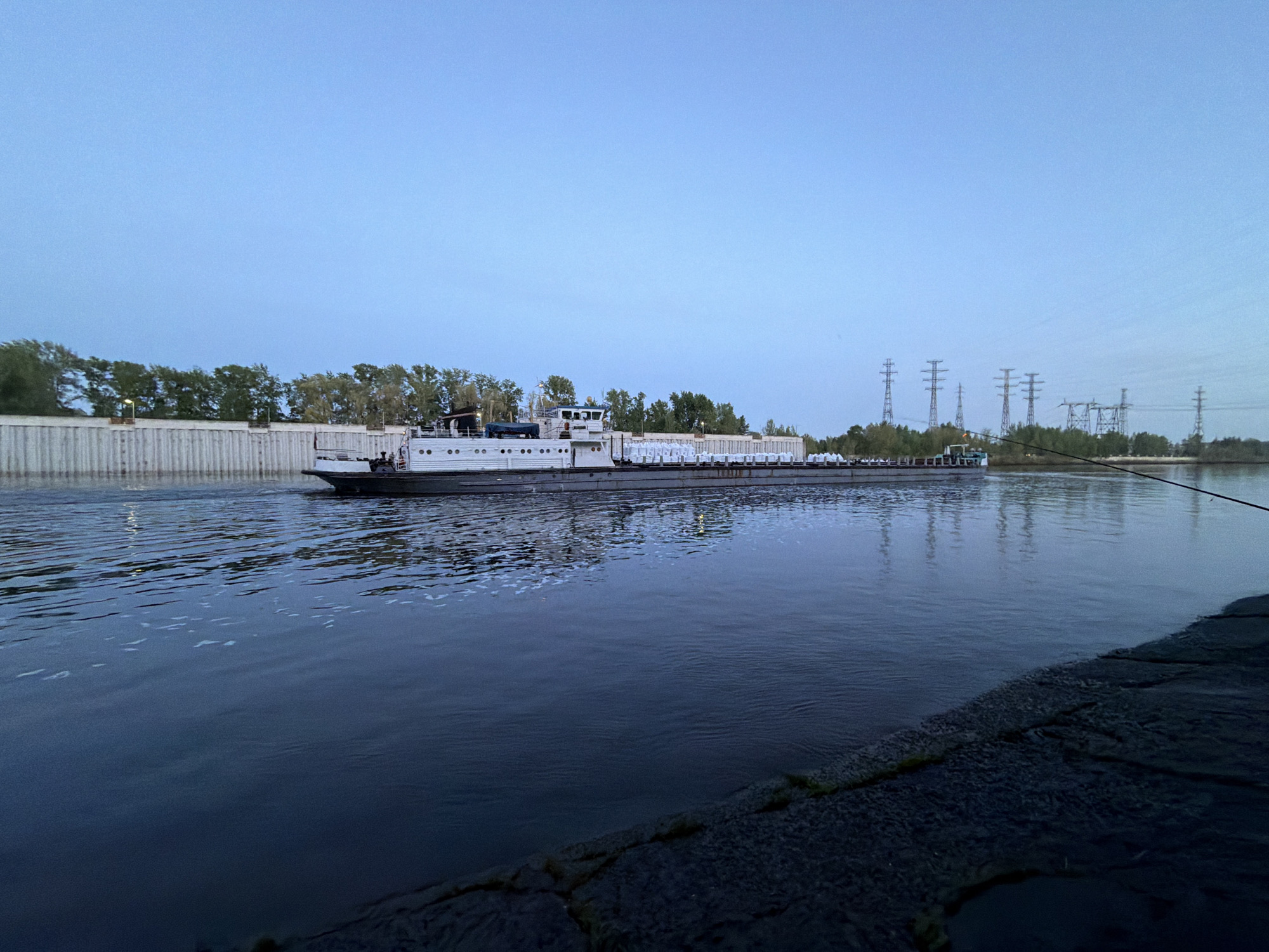 A long barge moves along the Kama River in Chaikovsky, Russia. The barge is heavily loaded with white cargo, and a tugboat is at the front. The river is dark and rippled, reflecting the barge and the sky. The riverbank is visible in the foreground. In the background are trees and power lines. The sky is a pale blue. A concrete retaining wall lines the left side of the river.