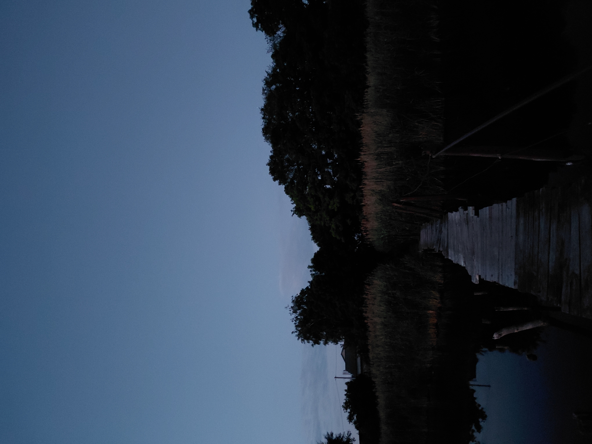 The image depicts a dusk scene in Ustyvytsia, Ukraine, featuring a wooden pier extending over dark water. Reeds and tall grasses line the water's edge, with silhouetted trees forming a backdrop. A faint house is visible amongst the trees. The sky is a deep, clear blue, transitioning into twilight. The pier, made of weathered wooden planks, is the central focus, leading the viewer's eye towards the obscured background. The water is still and reflects the dim light.