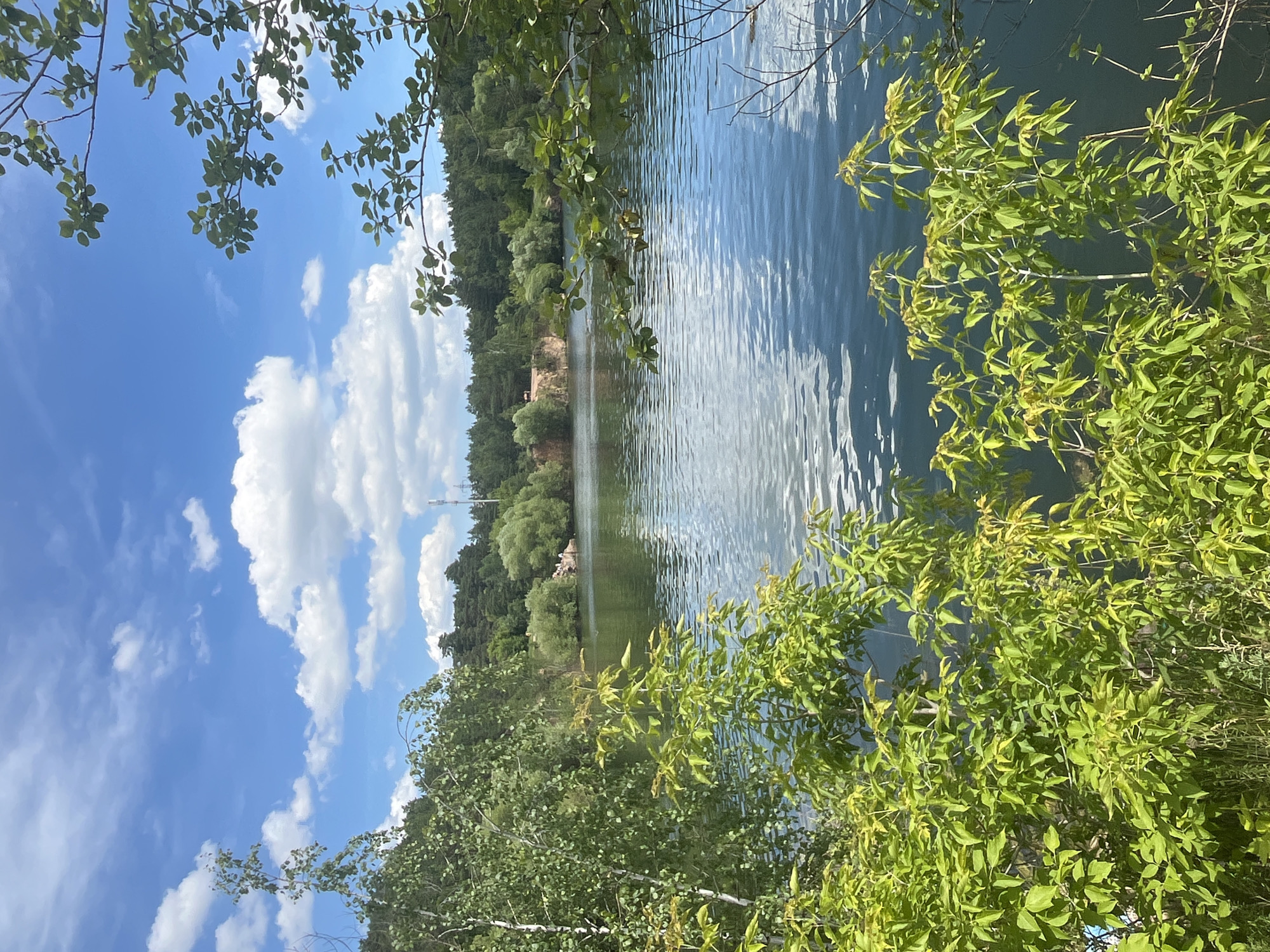 The image depicts a serene natural landscape, likely a quarry lake, on a bright, sunny day. The foreground is dominated by lush green foliage, with branches and leaves extending into the frame from the top and sides. In the mid-ground, a calm body of water stretches across the image, reflecting the blue sky and scattered white clouds. The surface of the water has gentle ripples, suggesting a slight breeze.
The background features a dense line of trees, primarily evergreens, with some deciduous trees interspersed. A sandy or rocky embankment is visible on the far side of the lake, with a few people gathered near the water's edge. Further in the distance, on the horizon, a tall, slender tower, possibly a communication tower, stands against the sky. The sky itself is a vibrant blue, dotted with fluffy white cumulus clouds. The overall impression is one of tranquility and natural beauty.