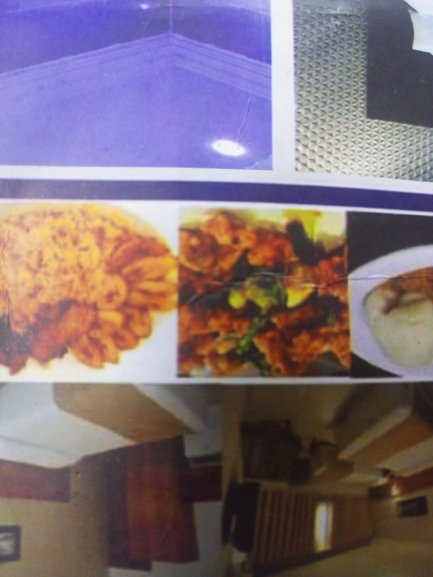 The image appears to be a collage of several different photographs. The top row consists of three images: one of a blue ceiling with recessed lighting, one of a textured silver material, and one obscured image. The middle row features three photographs of food, potentially from a menu: one of fried food, one of stir-fried or sautéed meat with greens, and one of a dish with a white sauce or purée. The bottom row depicts a portion of an interior, possibly a hallway or corridor, with wooden beams, wall panels, and a small picture hanging on the wall. The city and location are unknown.