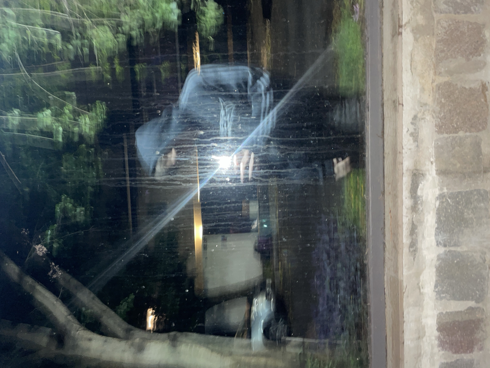 The image shows a reflection in a window. The reflection includes a person in a dark hoodie, trees, grass and the reflection of a building. The location in the city of Vicente López, Argentina is not confirmed and can not be extracted from the image. The window frame appears to be part of a stone building.