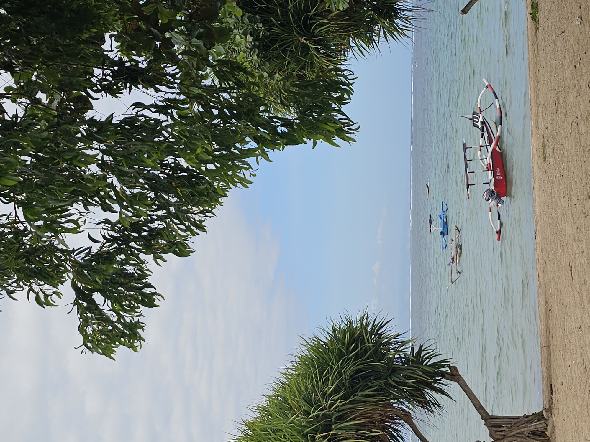 This image captures a serene beach scene on a calm day in Denpasar, Indonesia. The foreground is dominated by a sandy beach, with the gentle waves of the ocean lapping at the shore. Lush green foliage, likely pandanus trees, frames the left and right sides of the image, providing a natural border.
In the shallow, clear waters, several traditional Indonesian outrigger boats are visible. One prominent boat, painted red with white and black accents, is anchored close to the shore. It features a canopy supported by poles and an outboard motor at the stern. Other smaller boats, including a blue one with a canopy, are further out in the water, some appearing to be moored.
The ocean stretches to the horizon, meeting a pale blue sky dotted with scattered white clouds. The overall atmosphere is peaceful and tranquil, suggesting a typical day in a coastal area of Denpasar. There are no people visible in the scene. The vegetation appears healthy, and the water is clear and inviting. The scene is well-lit, indicating daylight conditions.