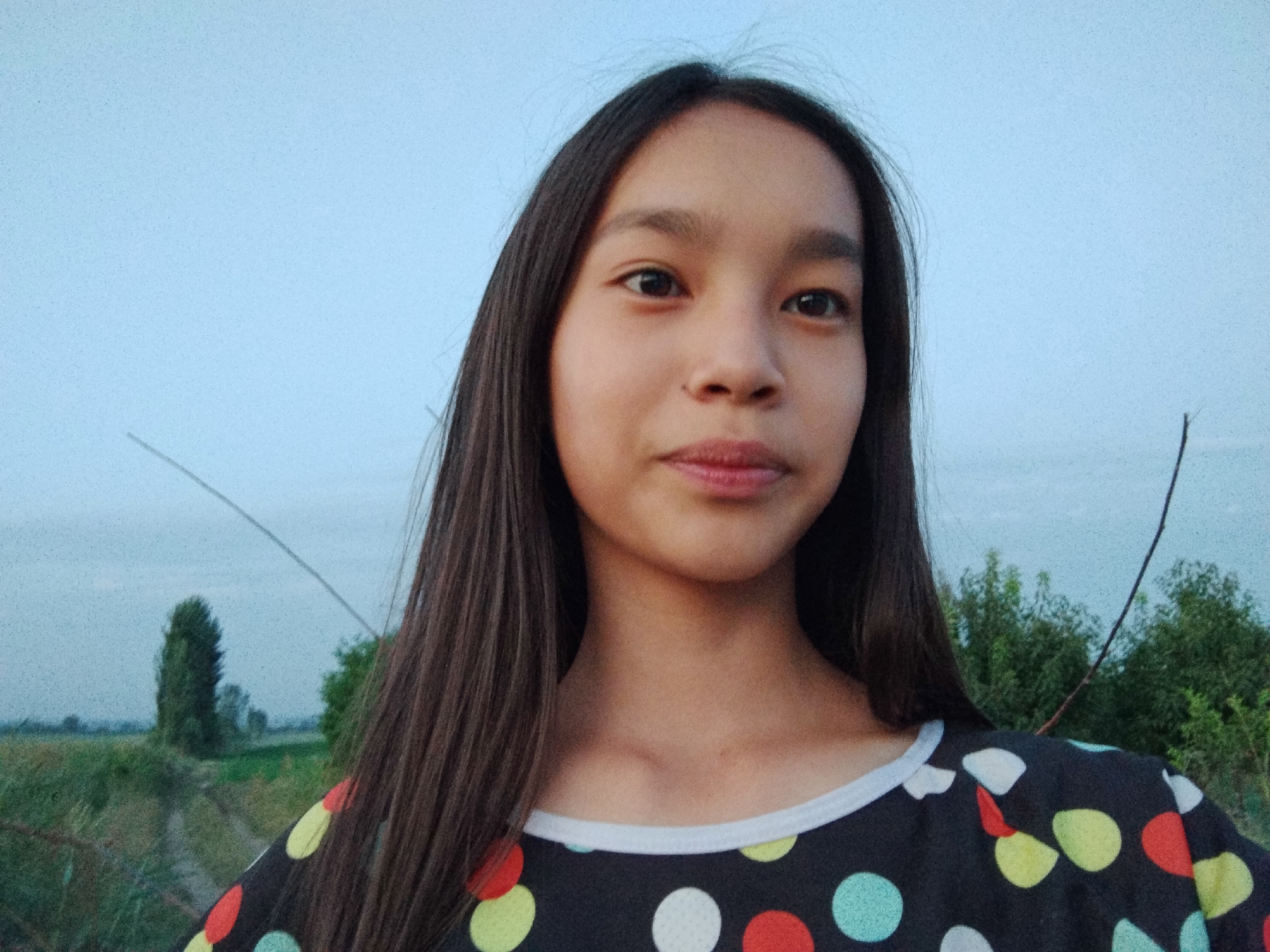 A young girl is captured in a close-up selfie, with a softly blurred rural landscape in the background. She has long, dark hair that falls around her shoulders and is wearing a black shirt adorned with a pattern of colorful polka dots. The sky above is a pale blue, transitioning to a slightly grayer hue near the horizon. In the distance, a tall, slender tree stands prominently in a field, suggesting a serene, open environment. The overall impression is one of natural beauty and youthful innocence. The image does not provide any specific indicators or landmarks that can be used to pinpoint the exact location within Kochkor-Ata, Kyrgyzstan.