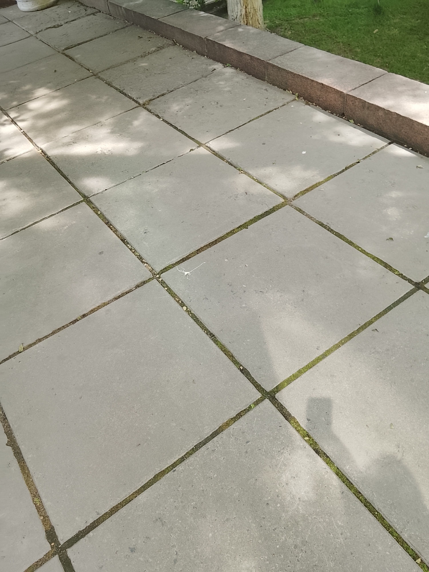 The image shows a section of a paved walkway made of large, square grey concrete slabs with narrow, moss-filled gaps between them. The walkway is situated in Almaty, Kazakhstan. In the background, a raised border of reddish-brown granite blocks separates the walkway from a patch of green grass. A tree trunk is partially visible behind the granite border. Sunlight casts dappled shadows from unseen foliage onto the concrete slabs, creating a pattern of light and dark. The scene appears to be an outdoor public space, likely a park or pedestrian area.